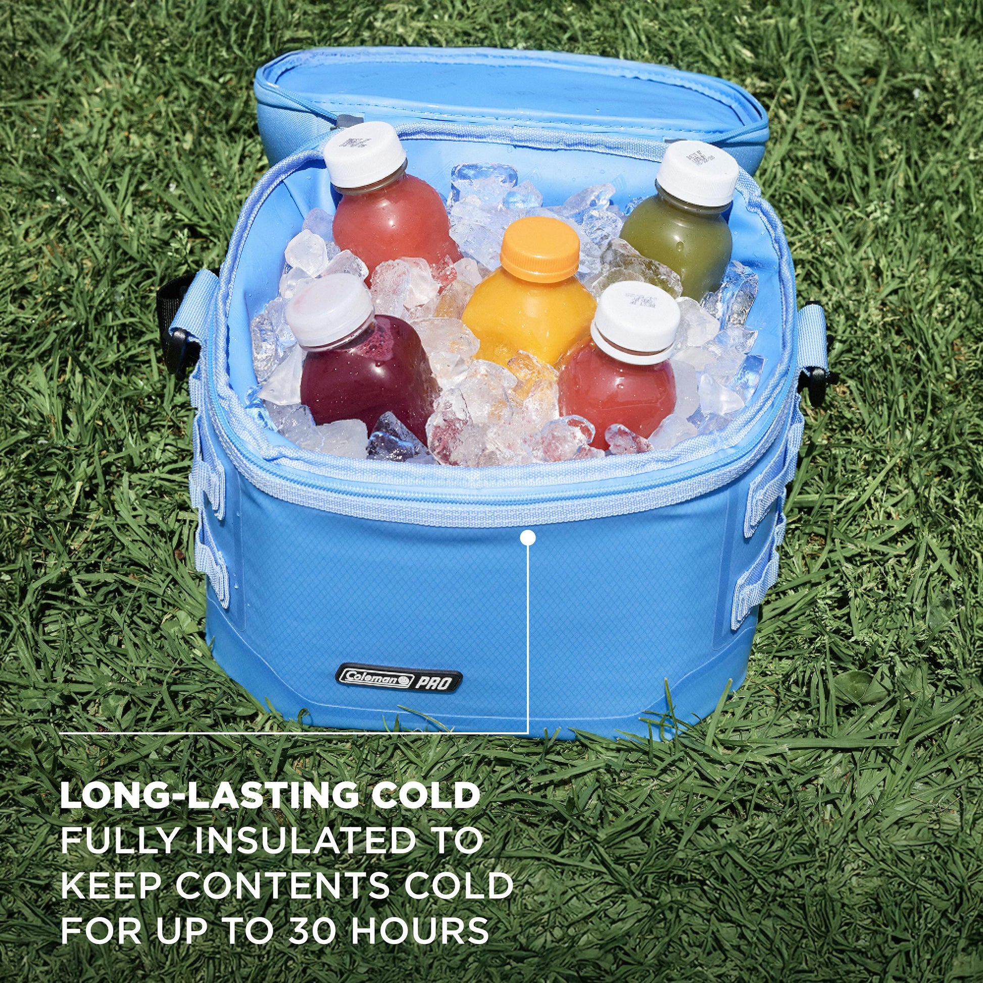 Coleman Pro 16 Can Soft Cooler Bag Sky Blue, shown in use, showing the sky blue soft cooler bag.