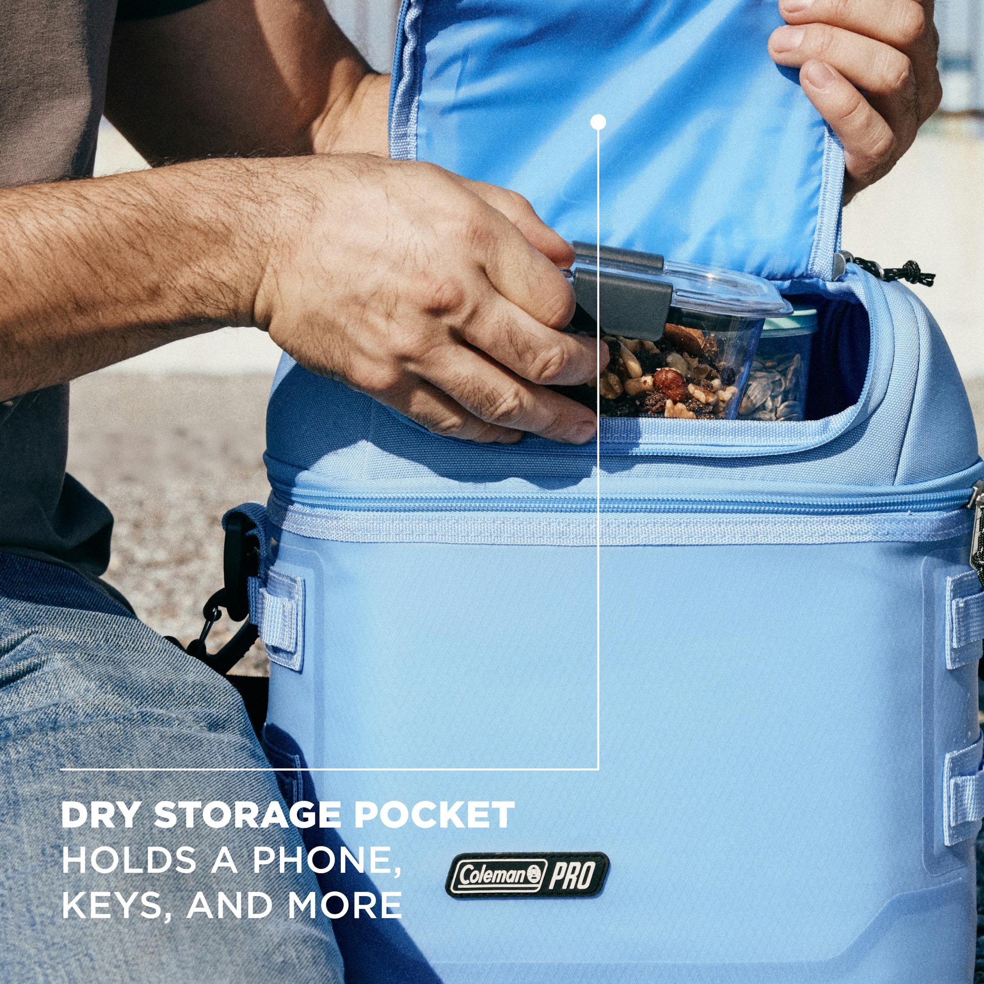 Coleman Pro 16 Can Soft Cooler Bag Sky Blue, interior view, showing the sky blue soft cooler bag.