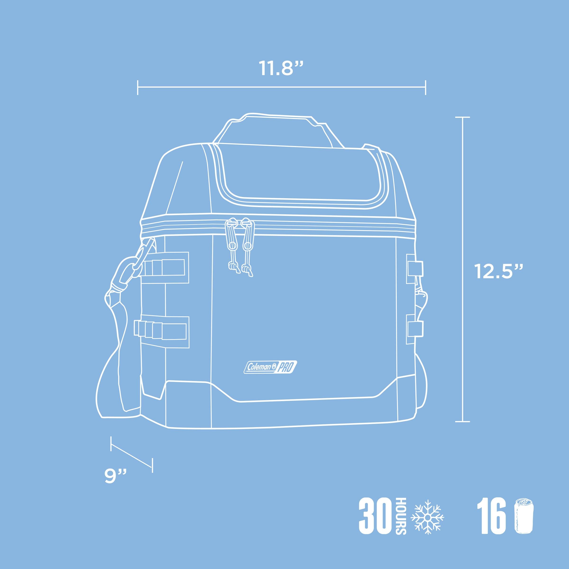 Coleman Pro 16 Can Soft Cooler Bag Sky Blue, lid and latch detail, showing the sky blue soft cooler bag.
