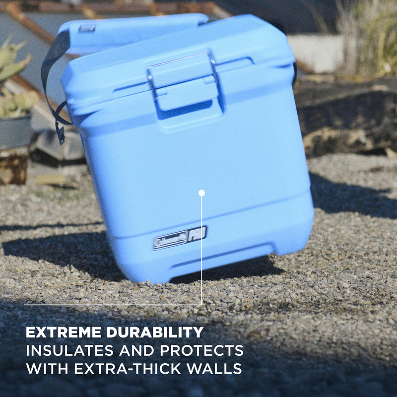 Coleman Pro 24L Hard Cooler Sky Blue, alternate view, showing the sky blue hard cooler.