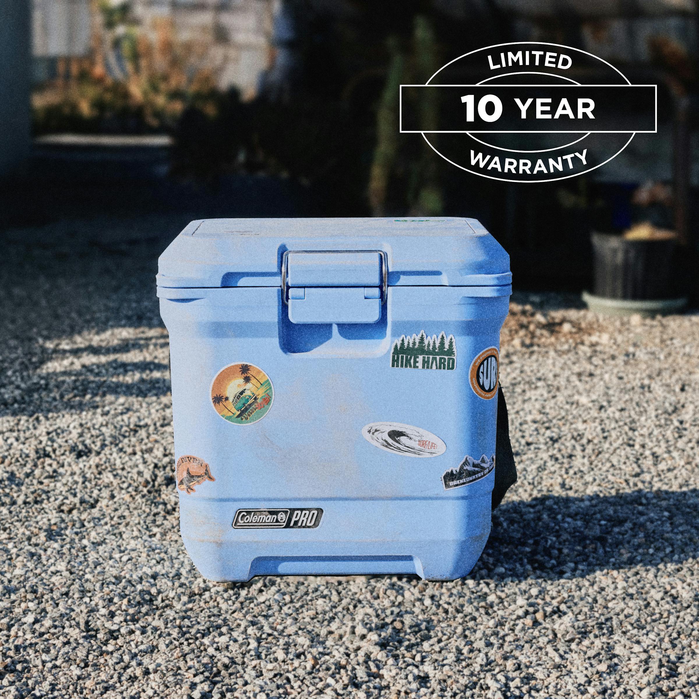 Coleman Pro 24L Hard Cooler Sky Blue, detail view, showing the sky blue hard cooler.