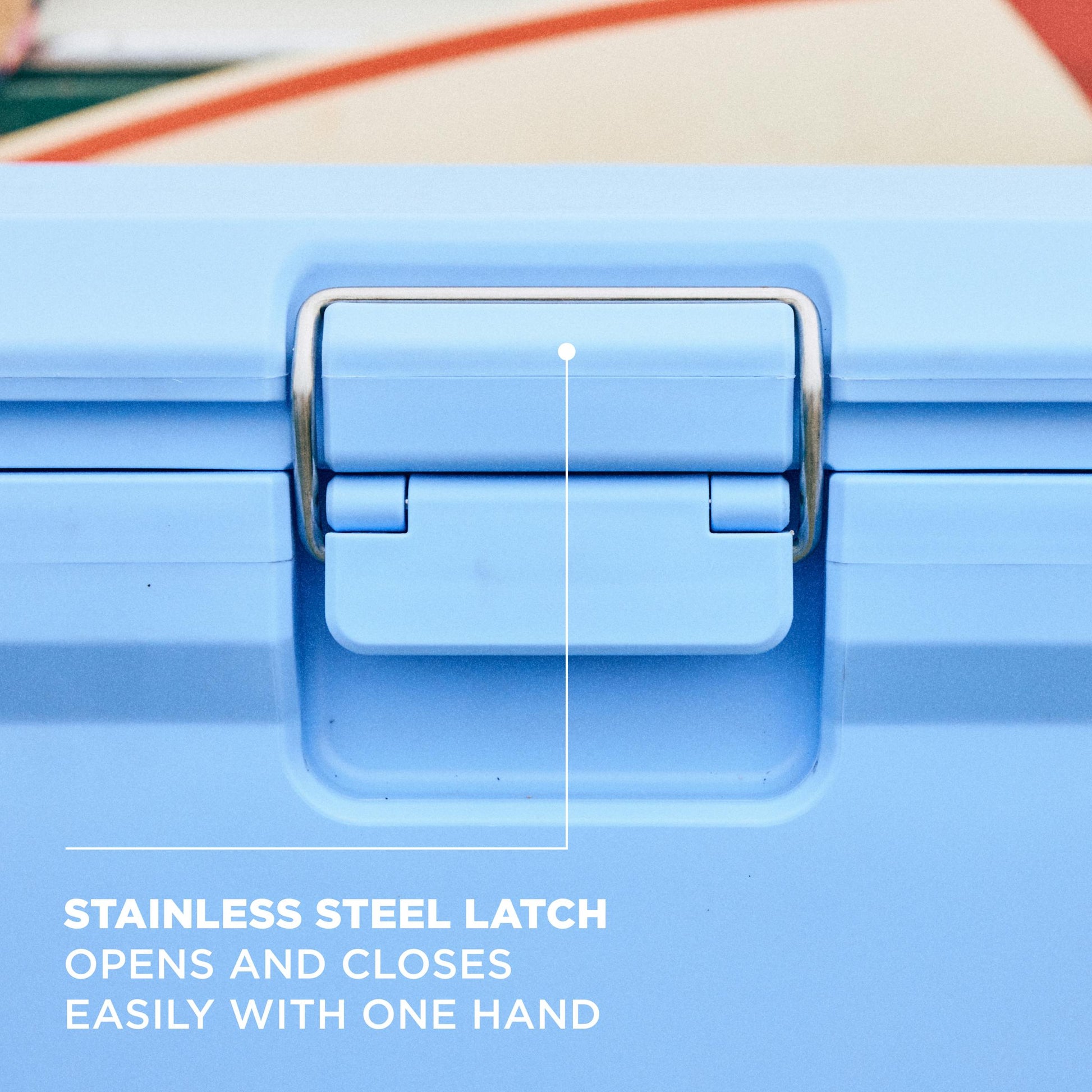 Coleman Pro 24L Hard Cooler Sky Blue, lid and latch detail, showing the sky blue hard cooler.