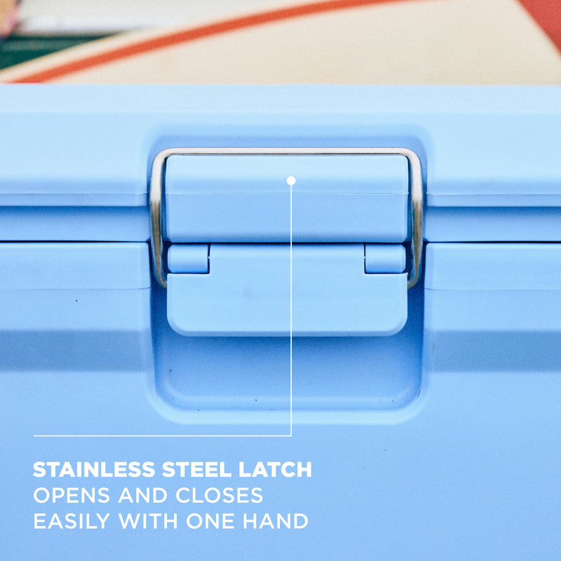 Coleman Pro 24L Hard Cooler Sky Blue, lid and latch detail, showing the sky blue hard cooler.