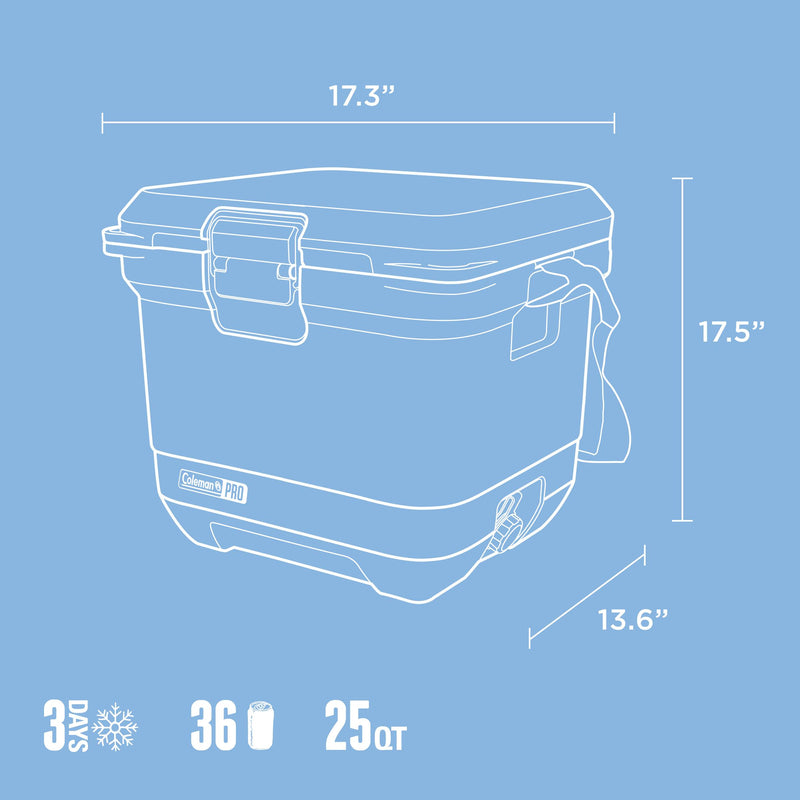 Coleman Pro 24L Hard Cooler Sky Blue, side profile view, showing the sky blue hard cooler.