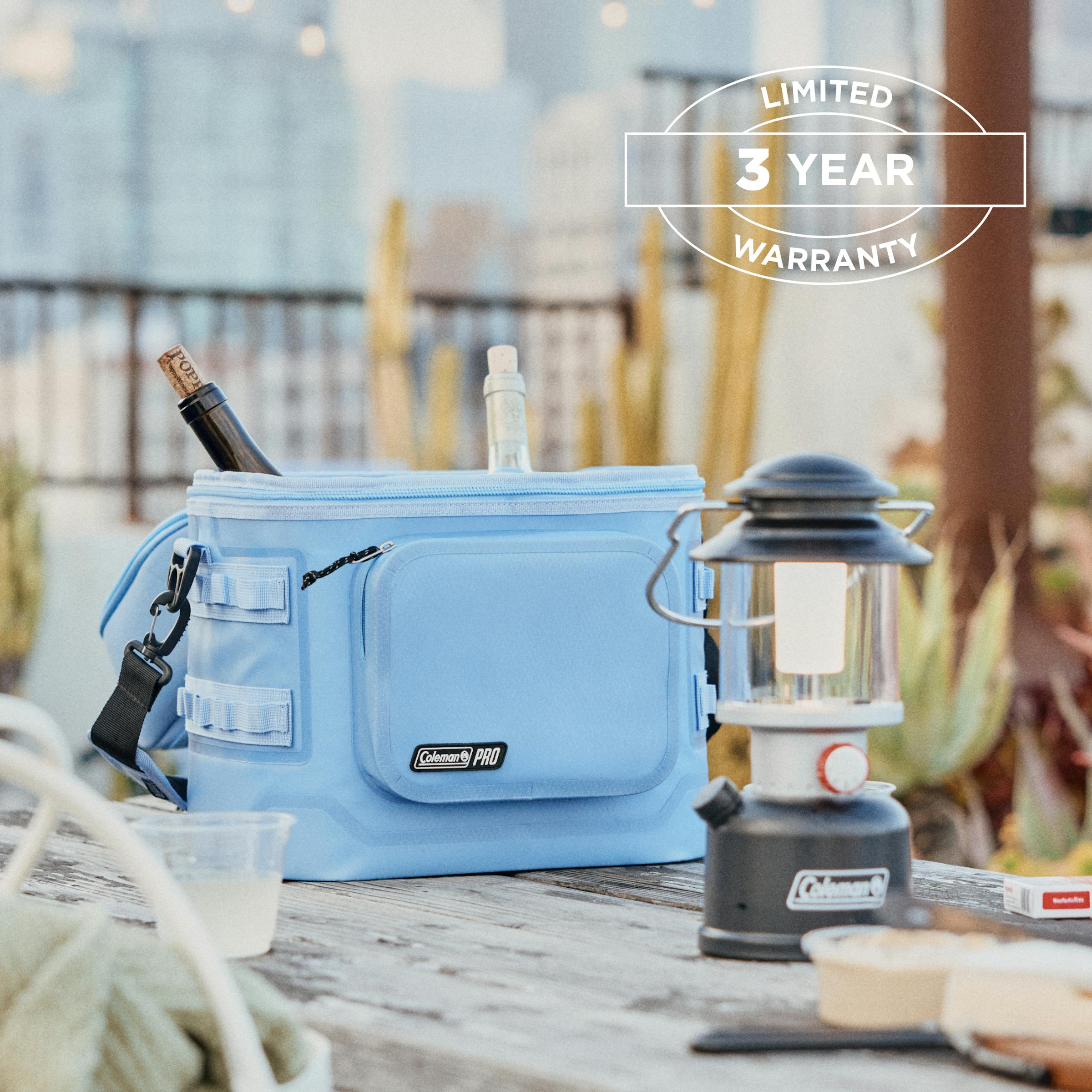 Coleman Pro 24 Can Soft Cooler Bag Sky Blue, detail view, showing the sky blue soft cooler bag.