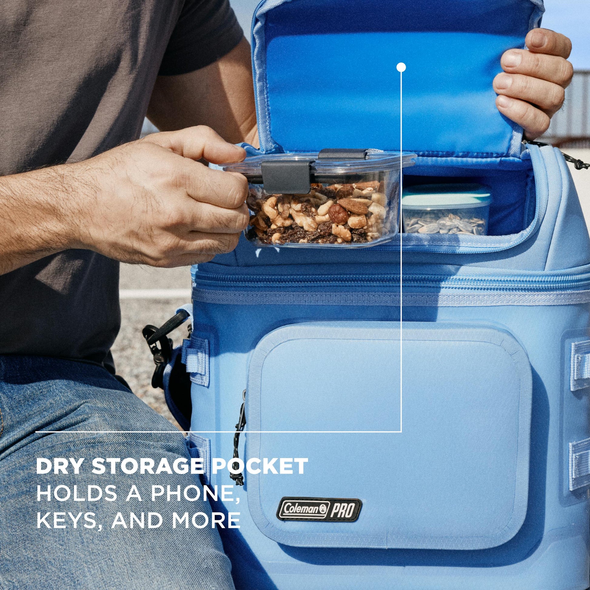 Coleman Pro 24 Can Soft Cooler Bag Sky Blue, interior view, showing the sky blue soft cooler bag.