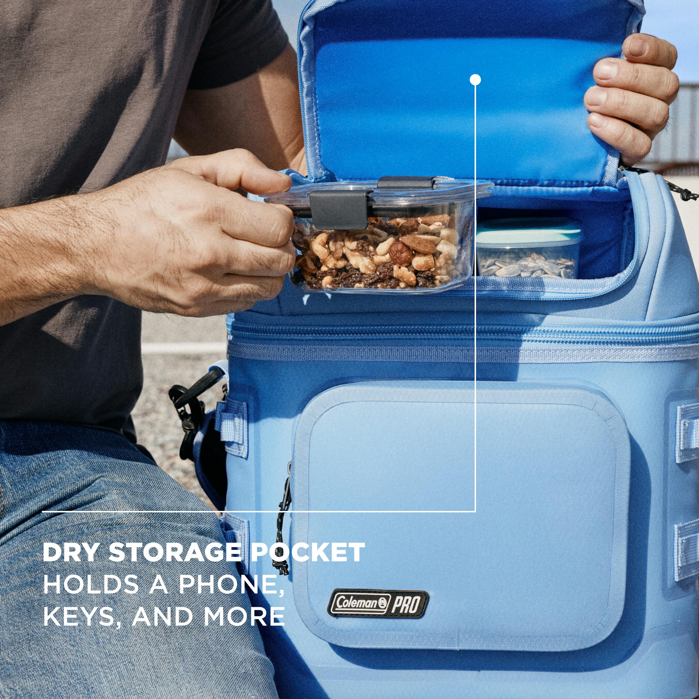 Coleman Pro 24 Can Soft Cooler Bag Sky Blue, interior view, showing the sky blue soft cooler bag.