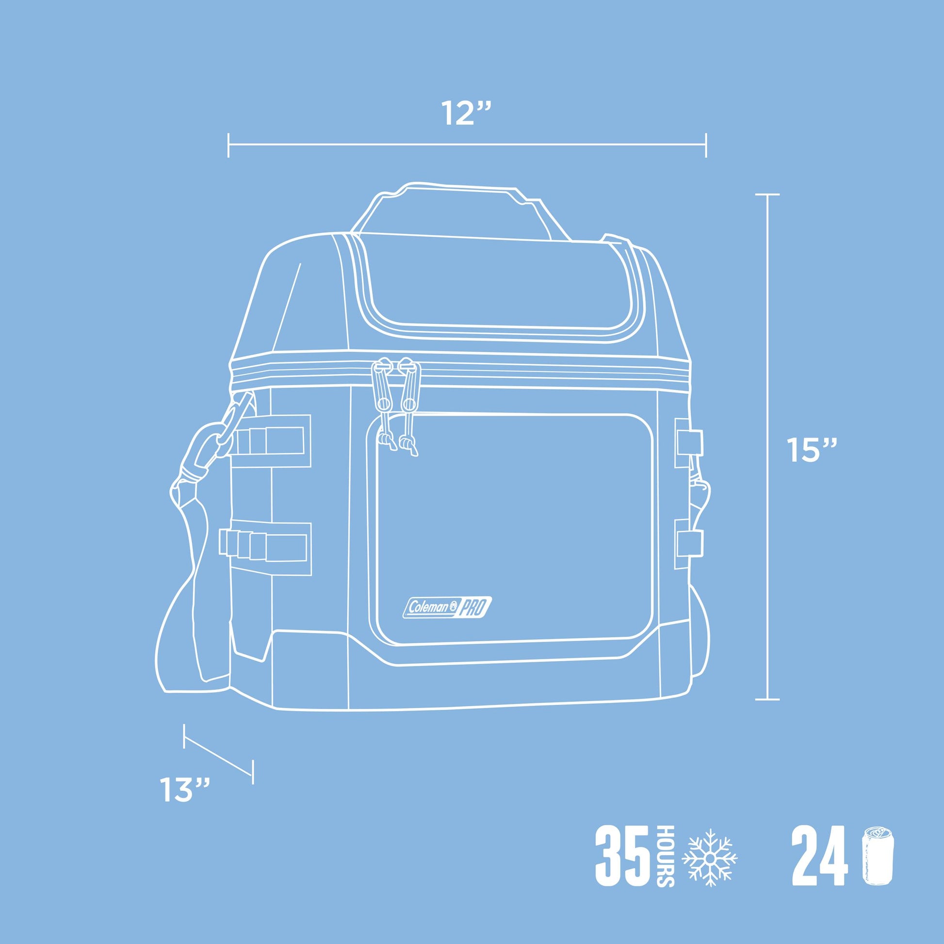 Coleman Pro 24 Can Soft Cooler Bag Sky Blue, lid and latch detail, showing the sky blue soft cooler bag.