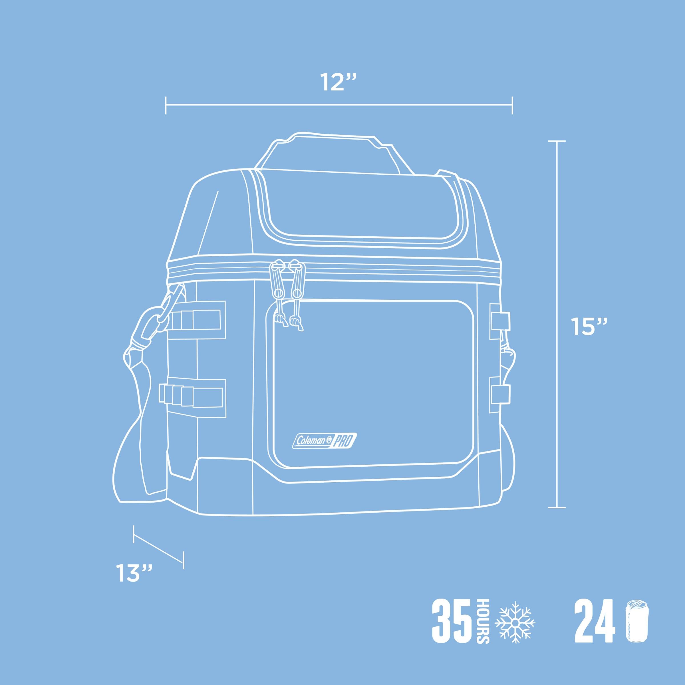 Coleman Pro 24 Can Soft Cooler Bag Sky Blue, lid and latch detail, showing the sky blue soft cooler bag.