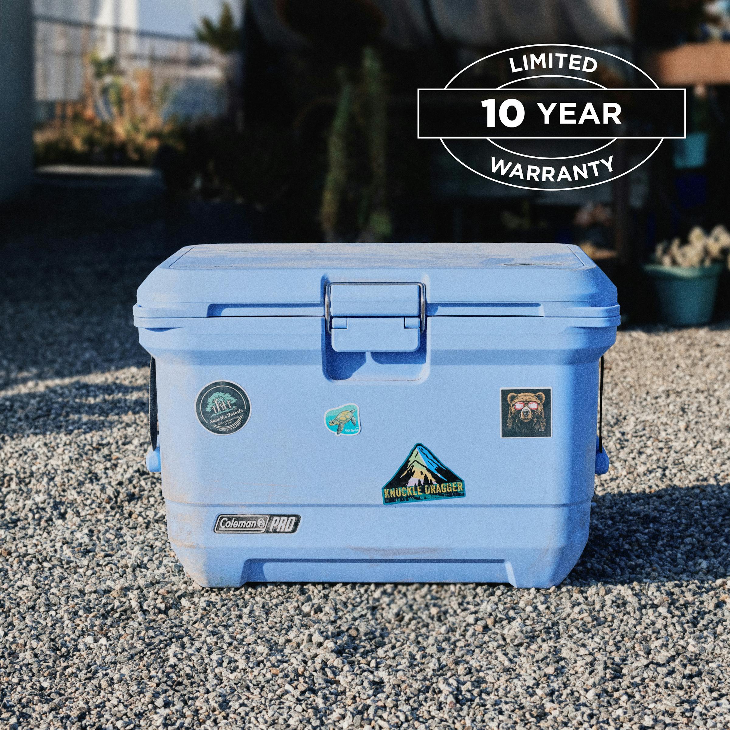 Coleman Pro 42L Hard Cooler Sky Blue, detail view, showing the sky blue hard cooler.