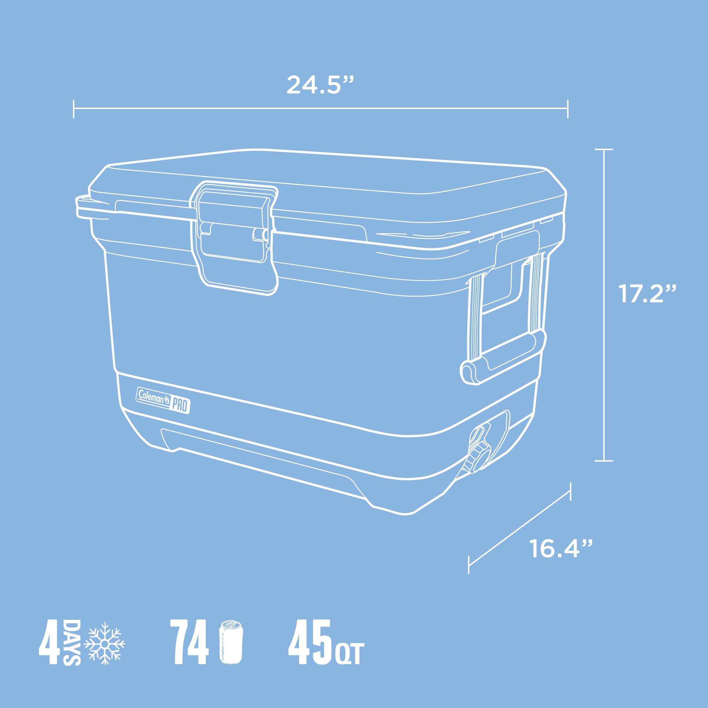 Coleman Pro 42L Hard Cooler Sky Blue, side profile view, showing the sky blue hard cooler.