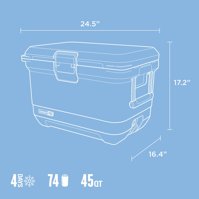 Coleman Pro 42L Hard Cooler Sky Blue, side profile view, showing the sky blue hard cooler.
