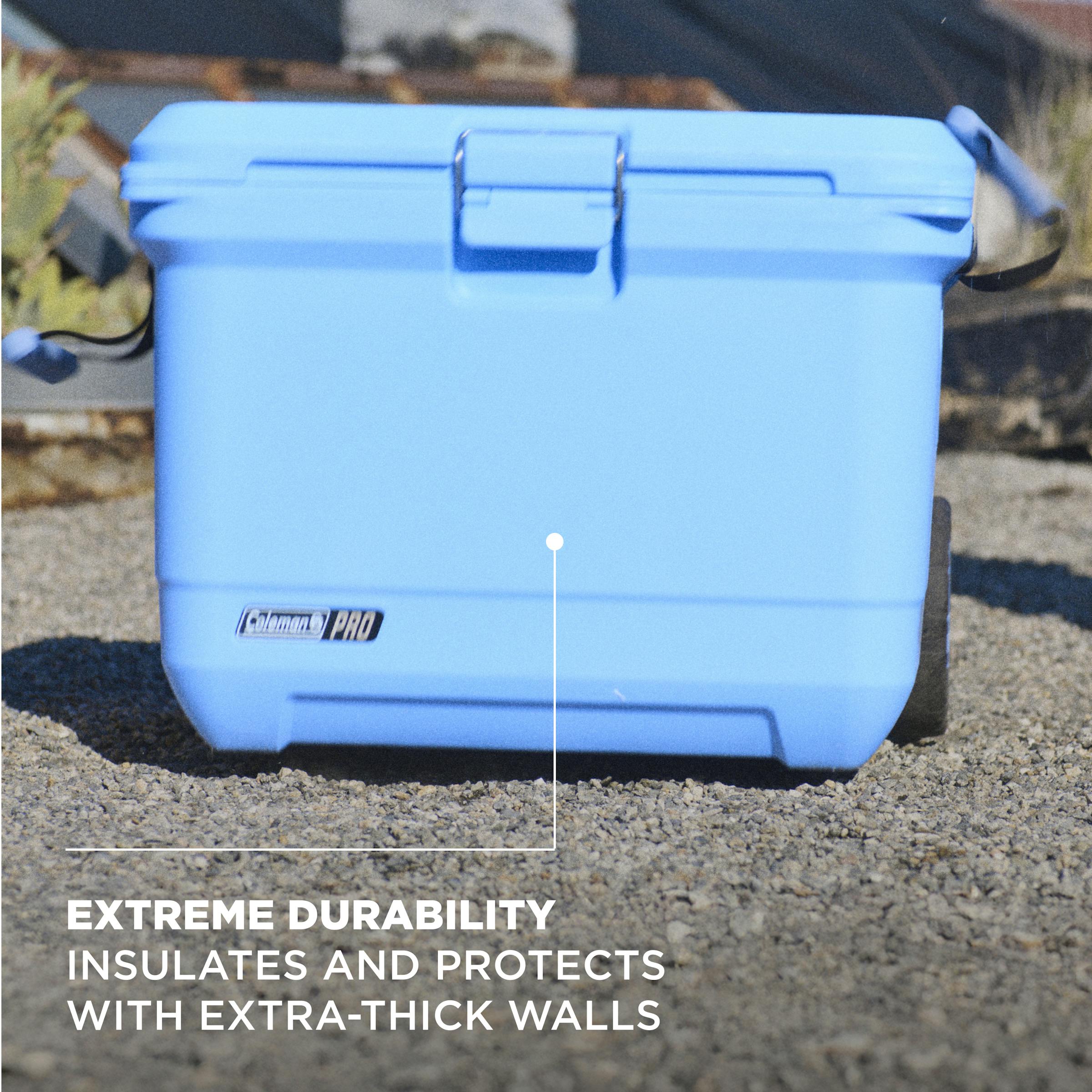 Coleman Pro 52L Hard Cooler Sky Blue, alternate view, showing the sky blue hard cooler.