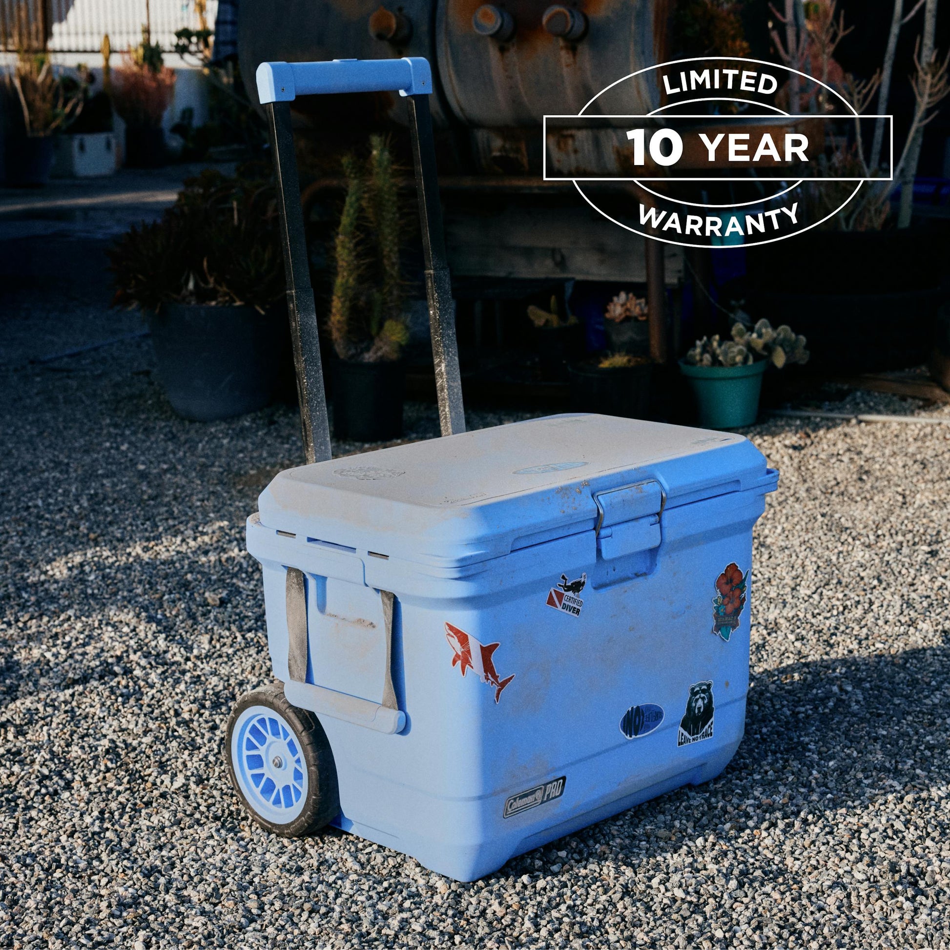 Coleman Pro 52L Hard Cooler Sky Blue, detail view, showing the sky blue hard cooler.