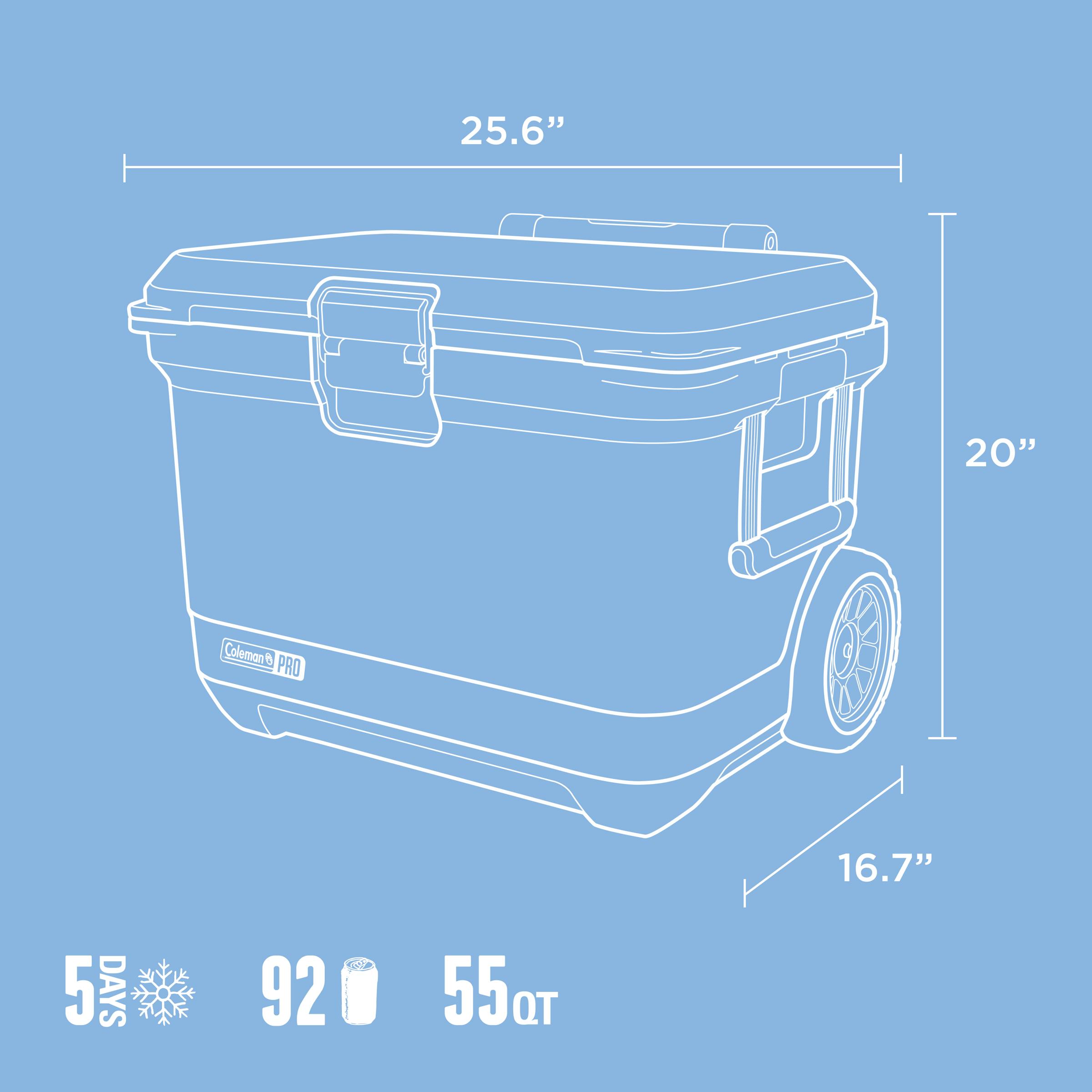 Coleman Pro 52L Hard Cooler Sky Blue, side profile view, showing the sky blue hard cooler.