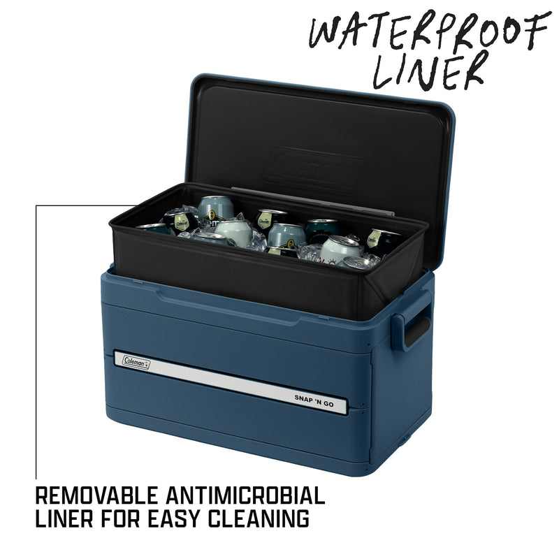 Coleman Snap 'N Go 42L Collapsible Cooler Sapphire, lid and latch detail, showing the sapphire collapsible cooler.