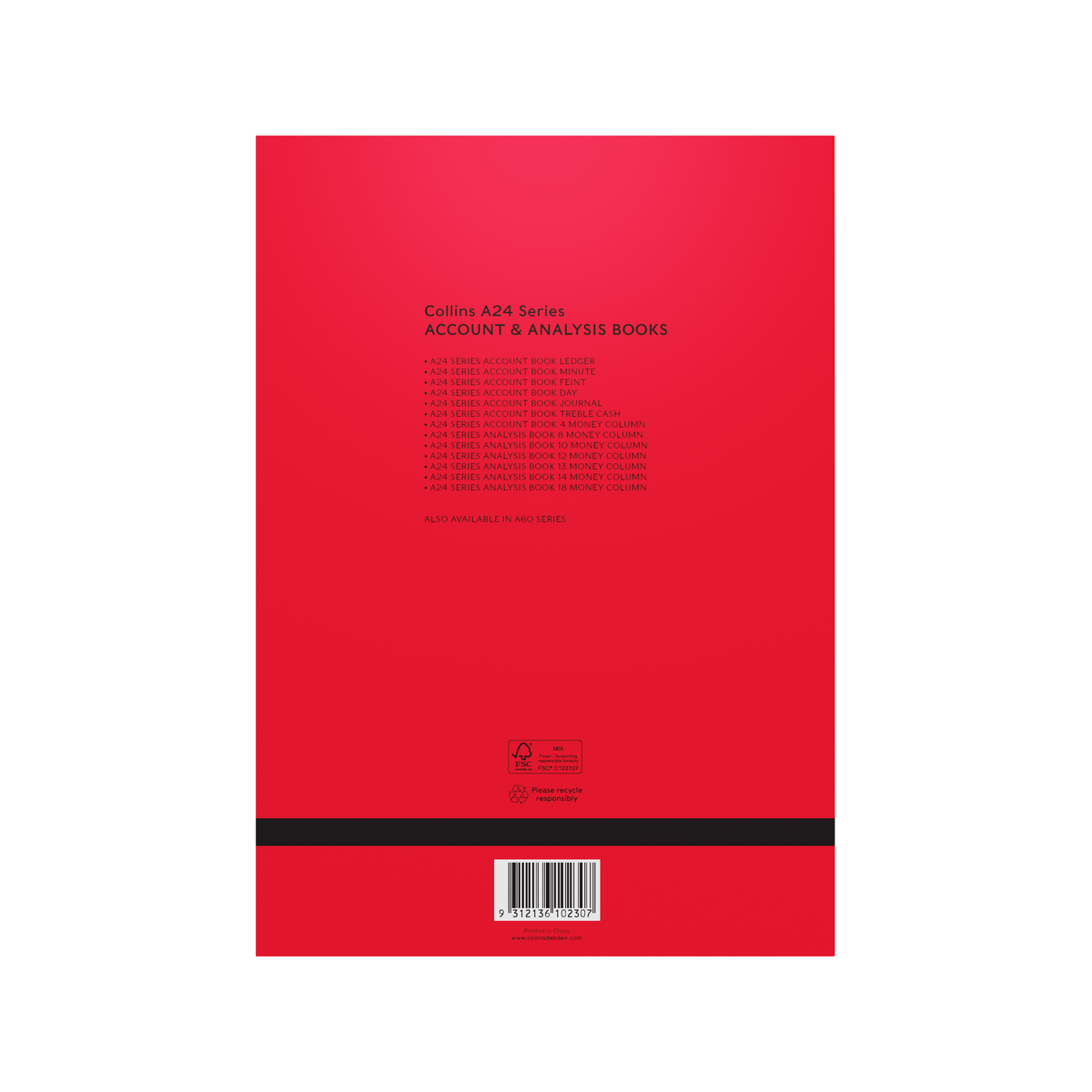 Back cover of the Collins 10230 A24 Series account book in red, with a printed text panel and a barcode at the base
