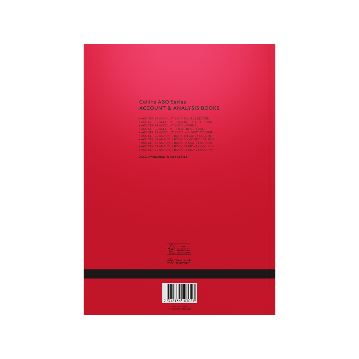 Back cover of the Collins 10302 A60 Series account book in red, with a printed text panel and a barcode at the base