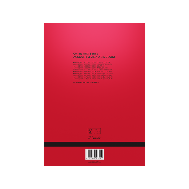 Back cover of the Collins 10302 A60 Series account book in red, with a printed text panel and a barcode at the base