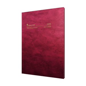 Collins 10919 3880 Series account book photographed at an angle, showing the red marbled hard cover with gold lettering