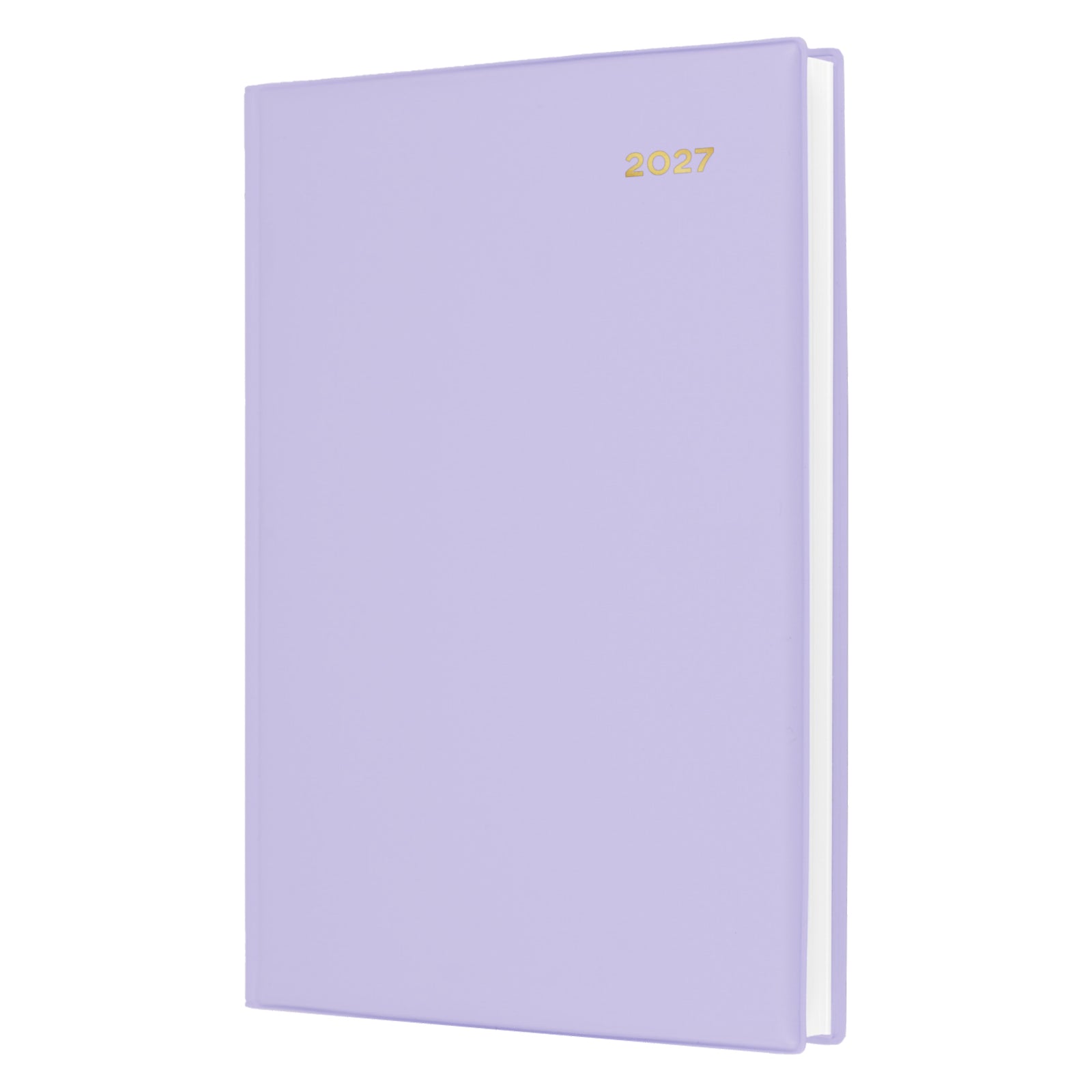 Angled front view of the Collins Belmont Colours 2027 A5 Day to a Page Lilac Diary isolated on a white background, highlighting the soft flexible PVC cover and elegant gold year embossing.