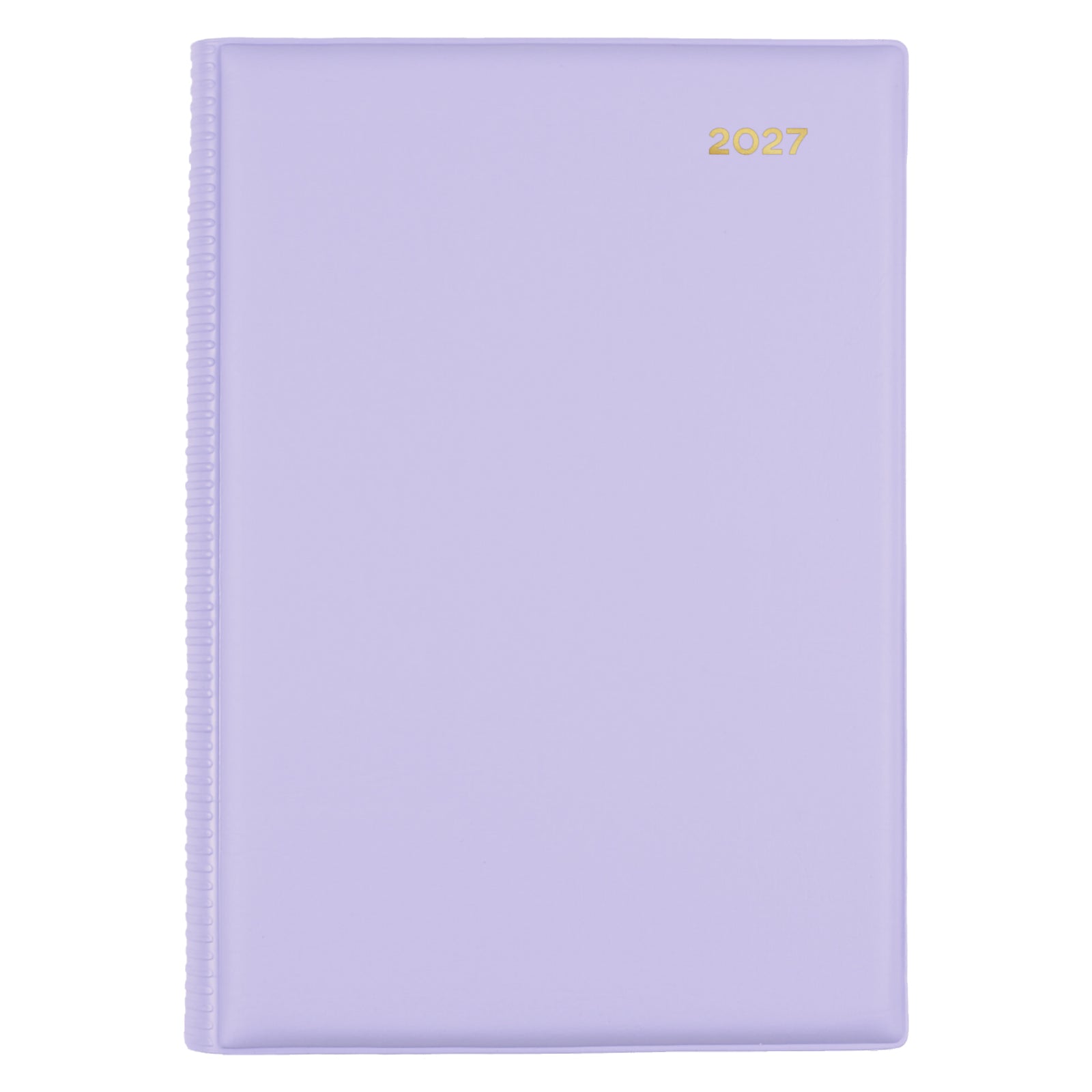 Front view of the Collins Belmont Colours 2027 A5 Day to a Page Lilac Diary isolated on a white background. The stylish pastel lilac cover and durable construction present a modern planner suitable for work, study and personal organisation.