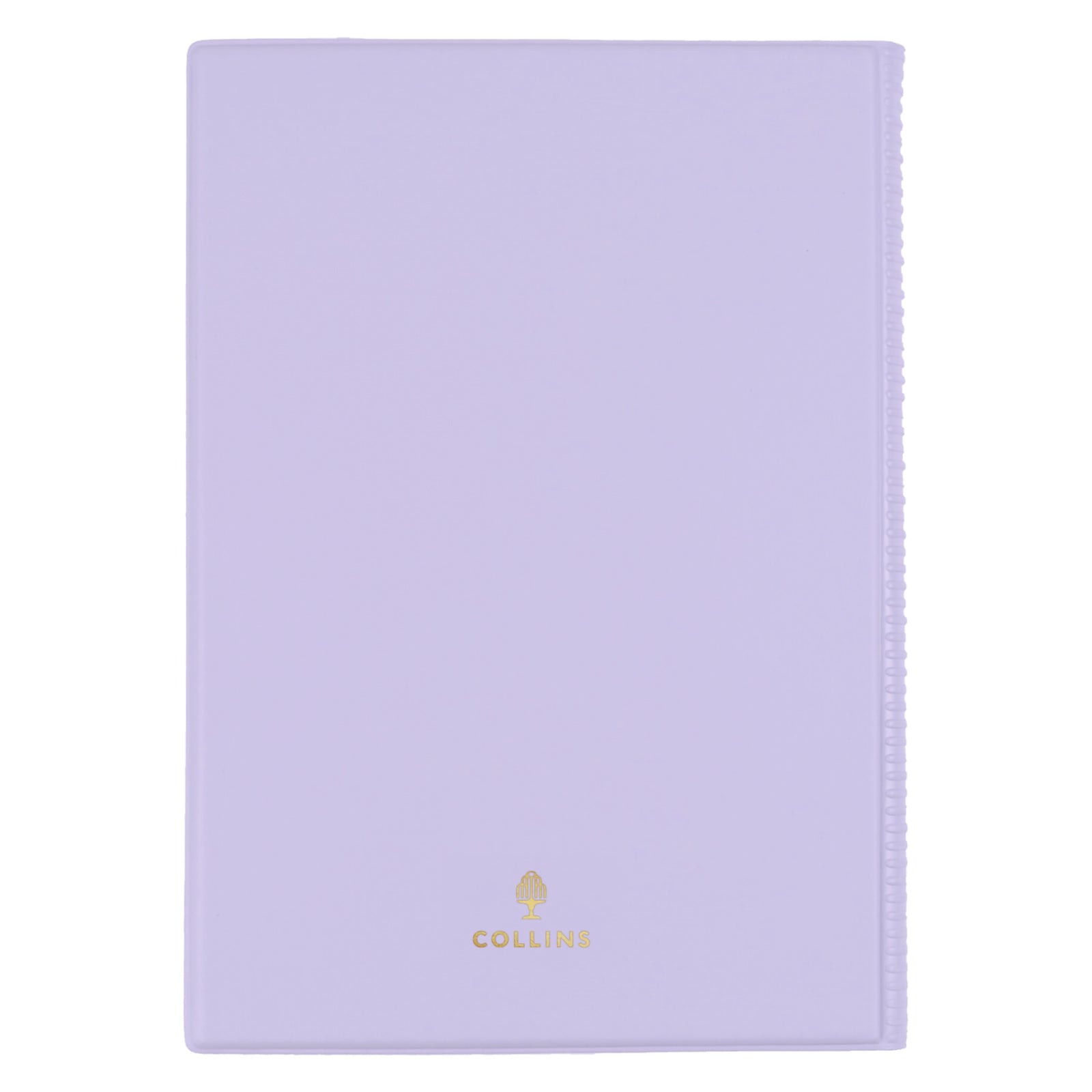 Rear view of the Collins Belmont Colours 2027 A5 Day to a Page Lilac Diary isolated on a white background, showcasing the smooth flexible cover and premium Collins branding designed for everyday portability.