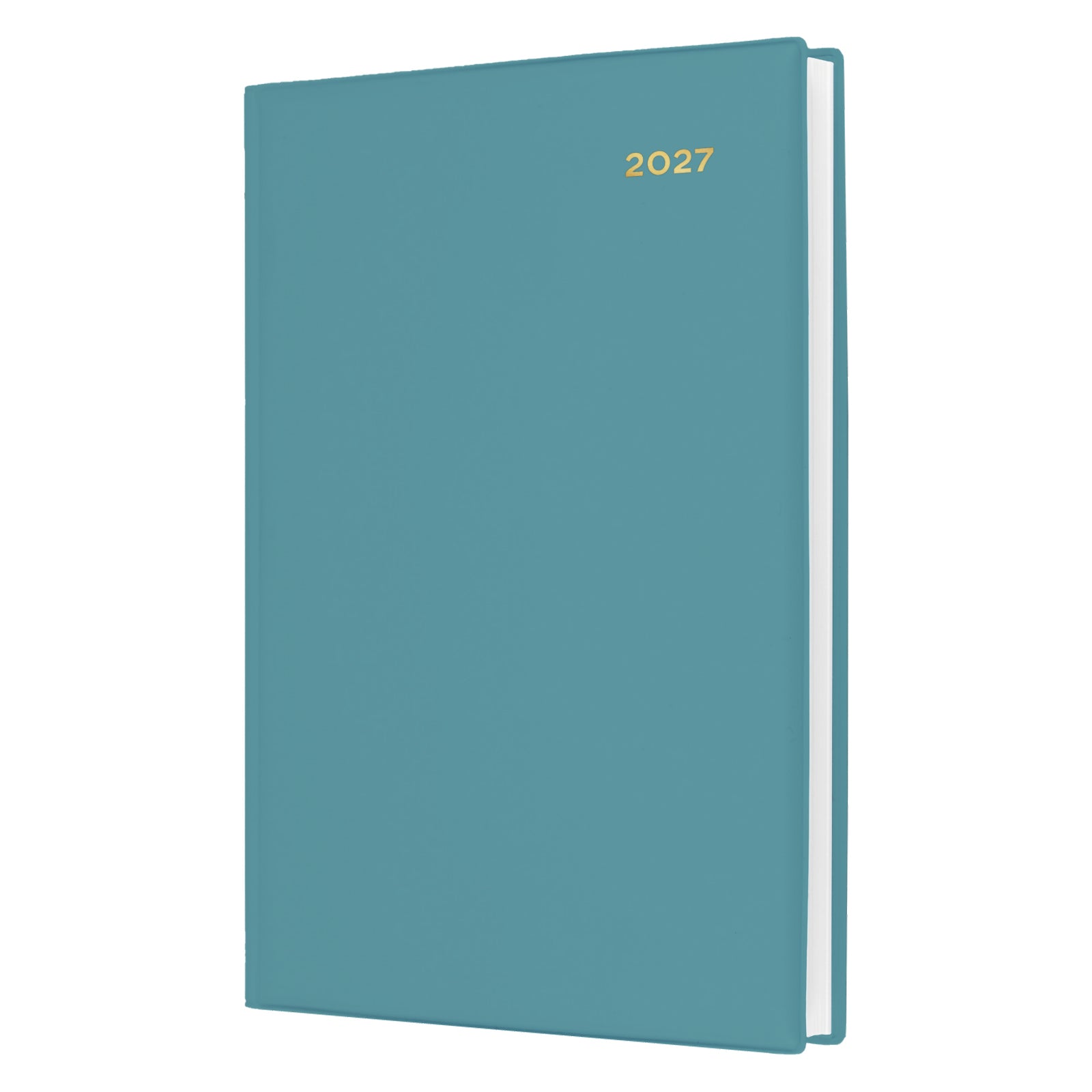 Angled front view of the Collins Belmont Colours 2027 A5 Day to a Page Teal Diary isolated on a white background. The image showcases the premium soft flexible PVC cover with elegant gold year embossing and durable construction.