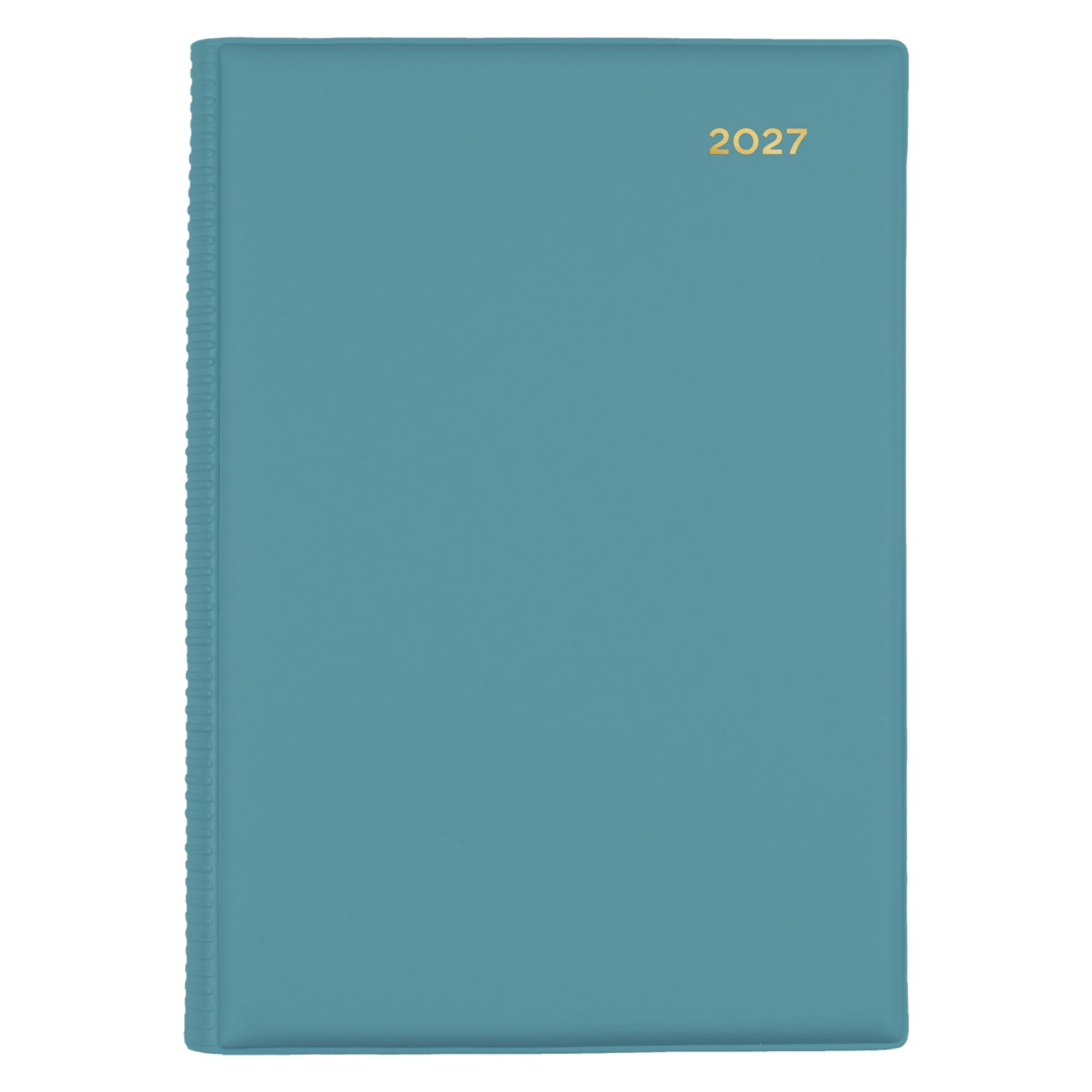 Front view of the Collins Belmont Colours 2027 A5 Day to a Page Teal Diary isolated on a white background. The vibrant teal cover and minimalist design make it an attractive organiser for work, study and personal planning.