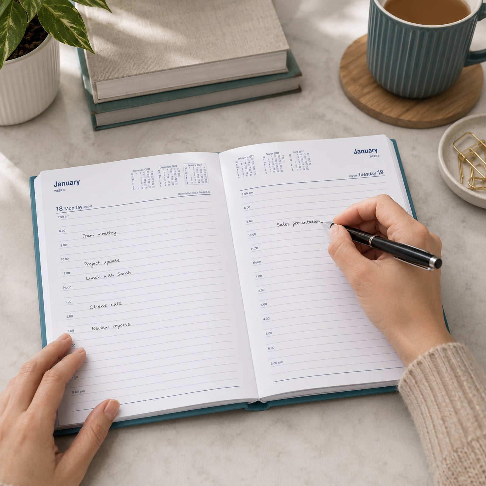 A person writes in the Collins Belmont Colours 2027 A5 Day to a Page Teal Diary while seated at a bright workspace with coffee, books and desktop accessories nearby. The image demonstrates the spacious daily layout and practical scheduling for productive everyday planning.