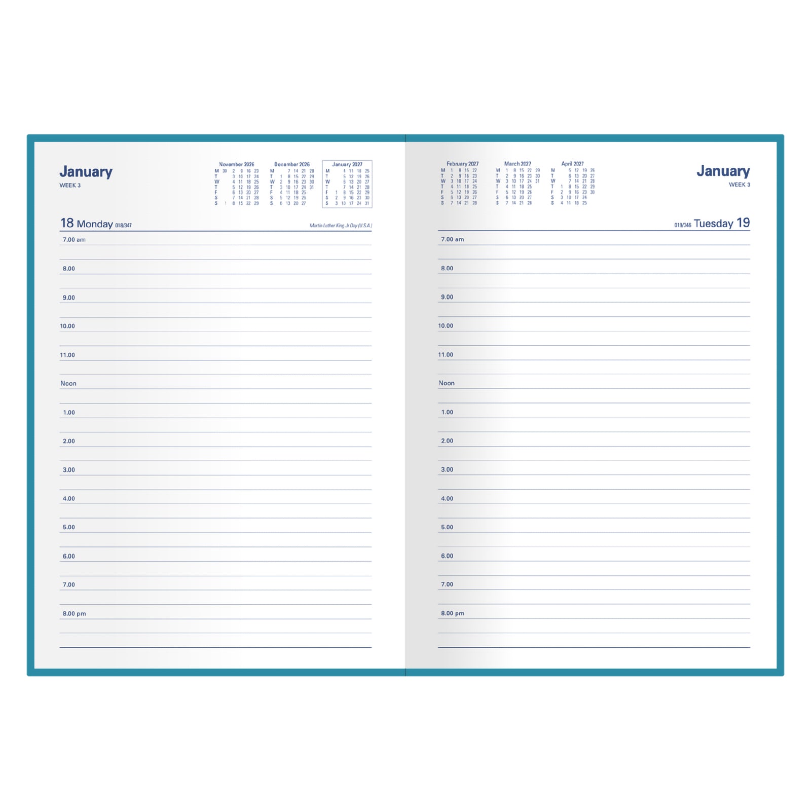 The Collins Belmont Colours 2027 A5 Day to a Page Diary opened flat on a white background, displaying the spacious daily pages with hourly appointments, calendar references and generous writing space for organising busy schedules.