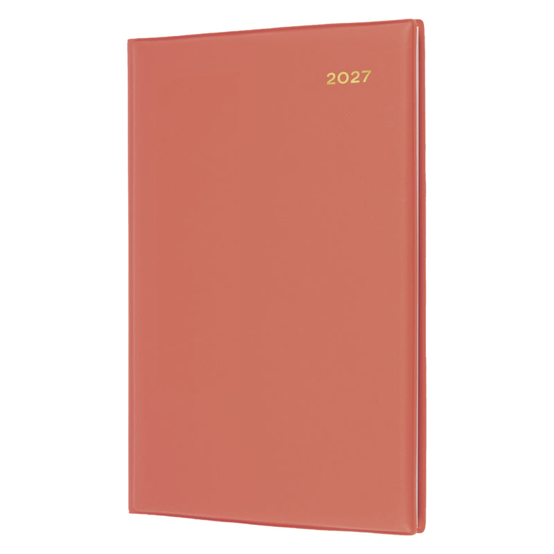 Angled front view of the Collins Belmont Colours 2027 A5 Week to View Orange Diary isolated on a white background, highlighting the vibrant soft cover with elegant gold embossed year detail.