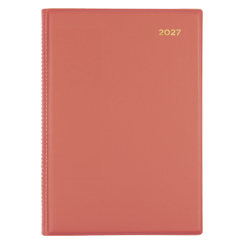 Front view of the Collins Belmont Colours 2027 A5 Week to View Orange Diary isolated on a white background, featuring the bright orange soft cover with gold embossed 2027 detail for stylish everyday planning.