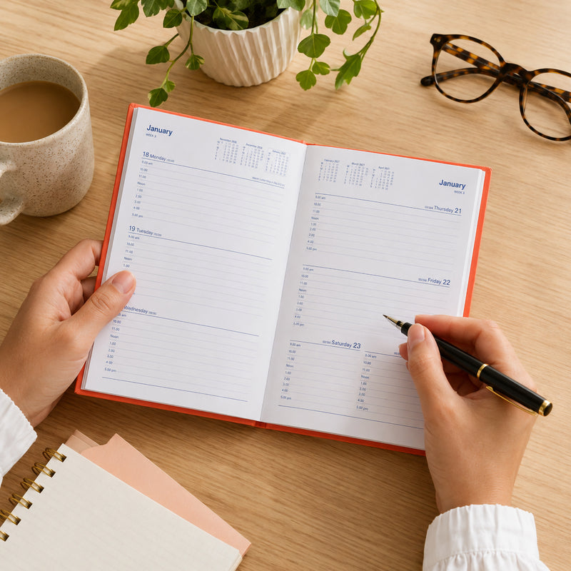 The Collins Belmont Colours 2027 A5 Week to View Orange Diary is open on a timber desk while a user writes appointments with a premium pen. A coffee mug, indoor plant and notebook create a productive workspace that showcases the spacious weekly planning layout.
