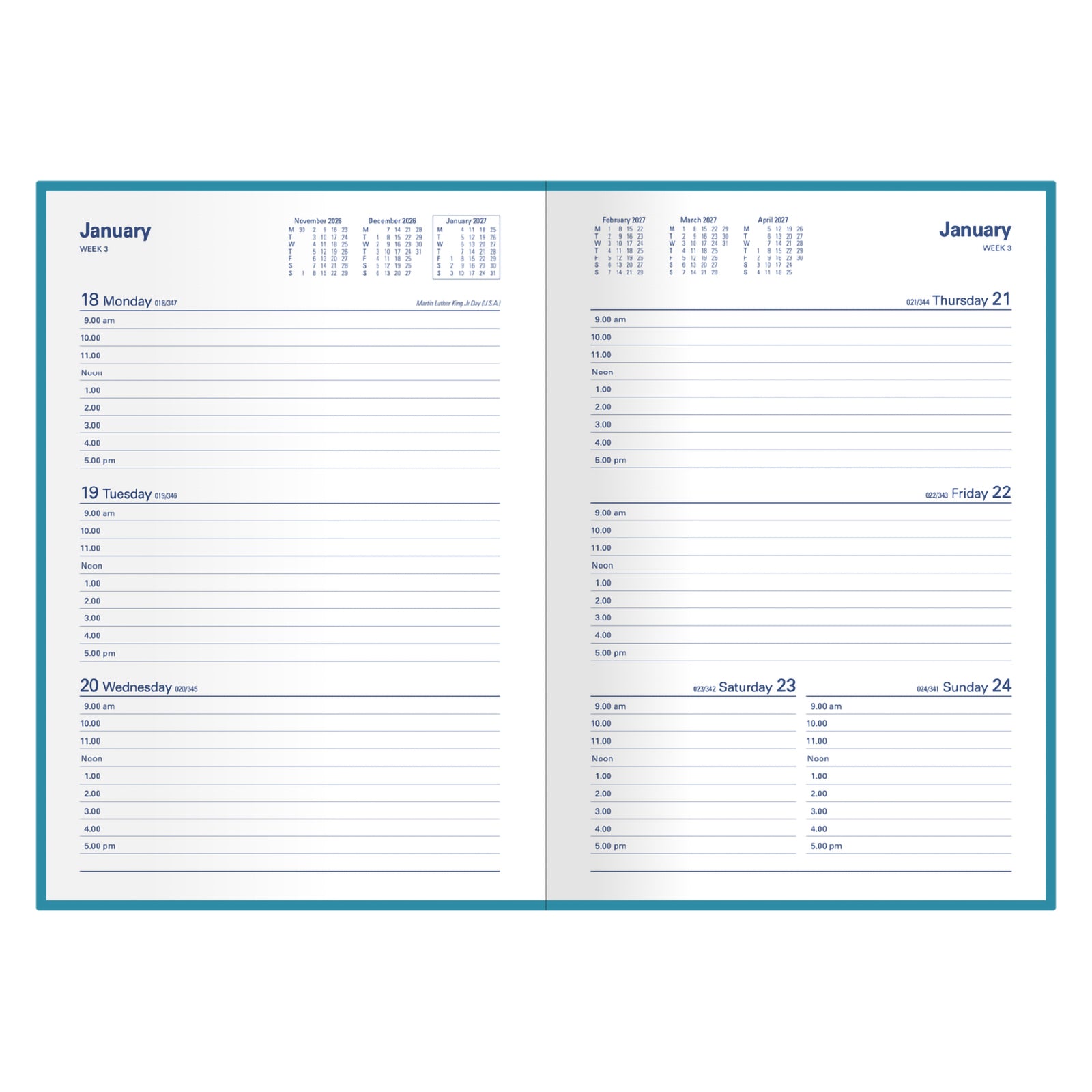 The Collins Belmont Colours 2027 A5 Week to View Diary is displayed open against a white background, clearly showing the weekly planning format with hourly appointments, reference calendars and generous writing space.