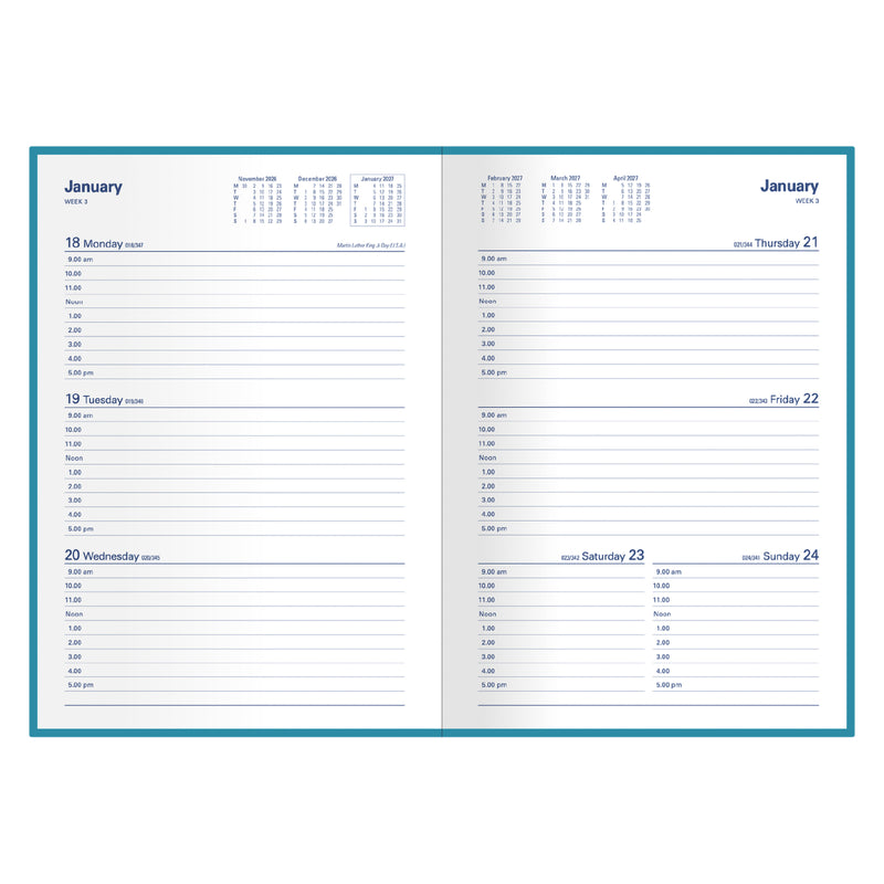 The Collins Belmont Colours 2027 A5 Week to View Diary is displayed open against a white background, clearly showing the weekly planning format with hourly appointments, reference calendars and generous writing space.