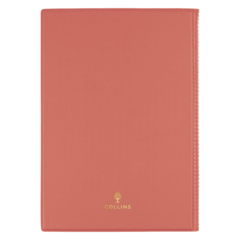 Rear view of the Collins Belmont Colours 2027 A5 Week to View Orange Diary isolated on a white background, displaying the clean orange finish, Collins branding and flexible cover construction.