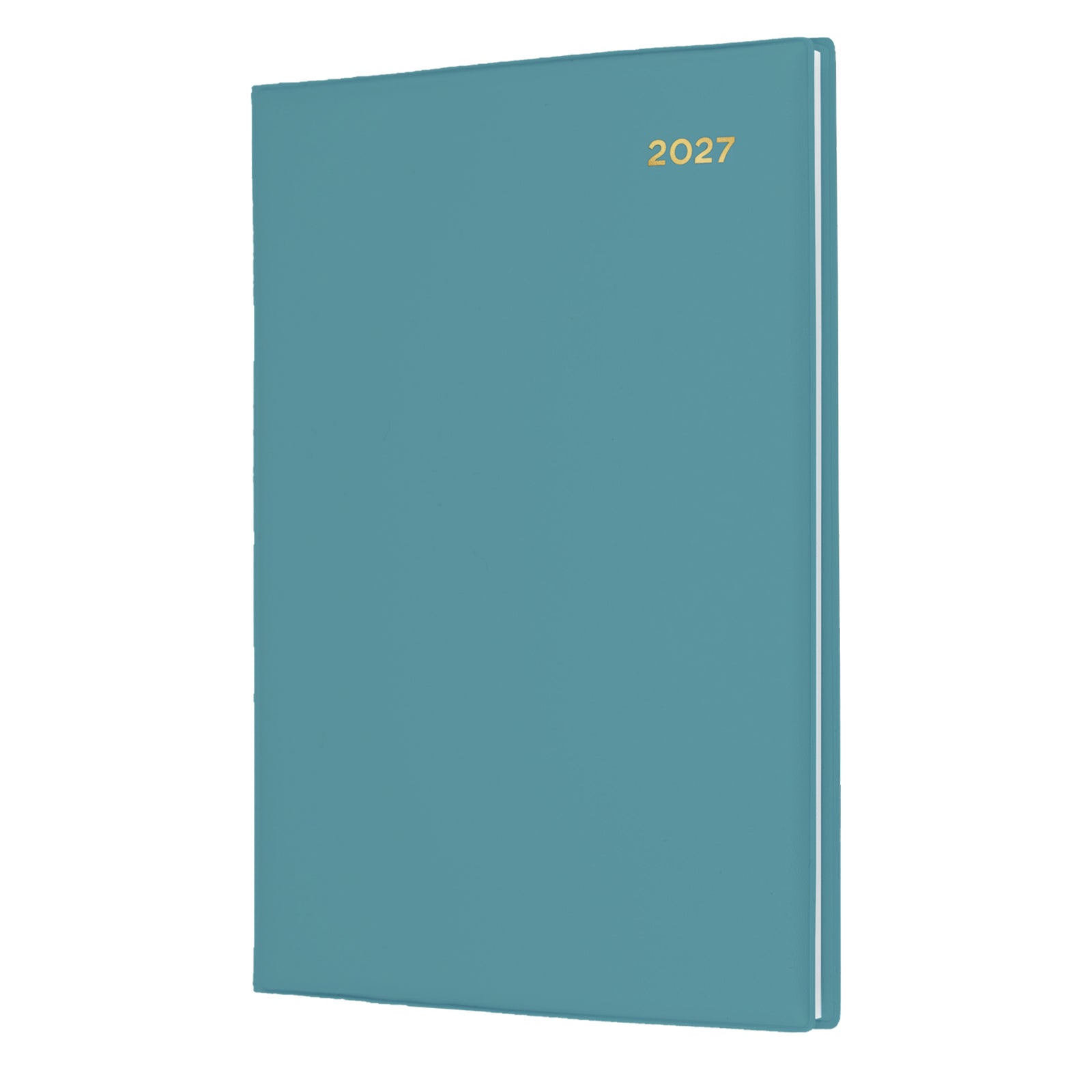 Angled front view of the Collins Belmont Colours 2027 A5 Week to View Teal Diary isolated on a white background, displaying the smooth flexible cover with gold embossed 2027 detail.