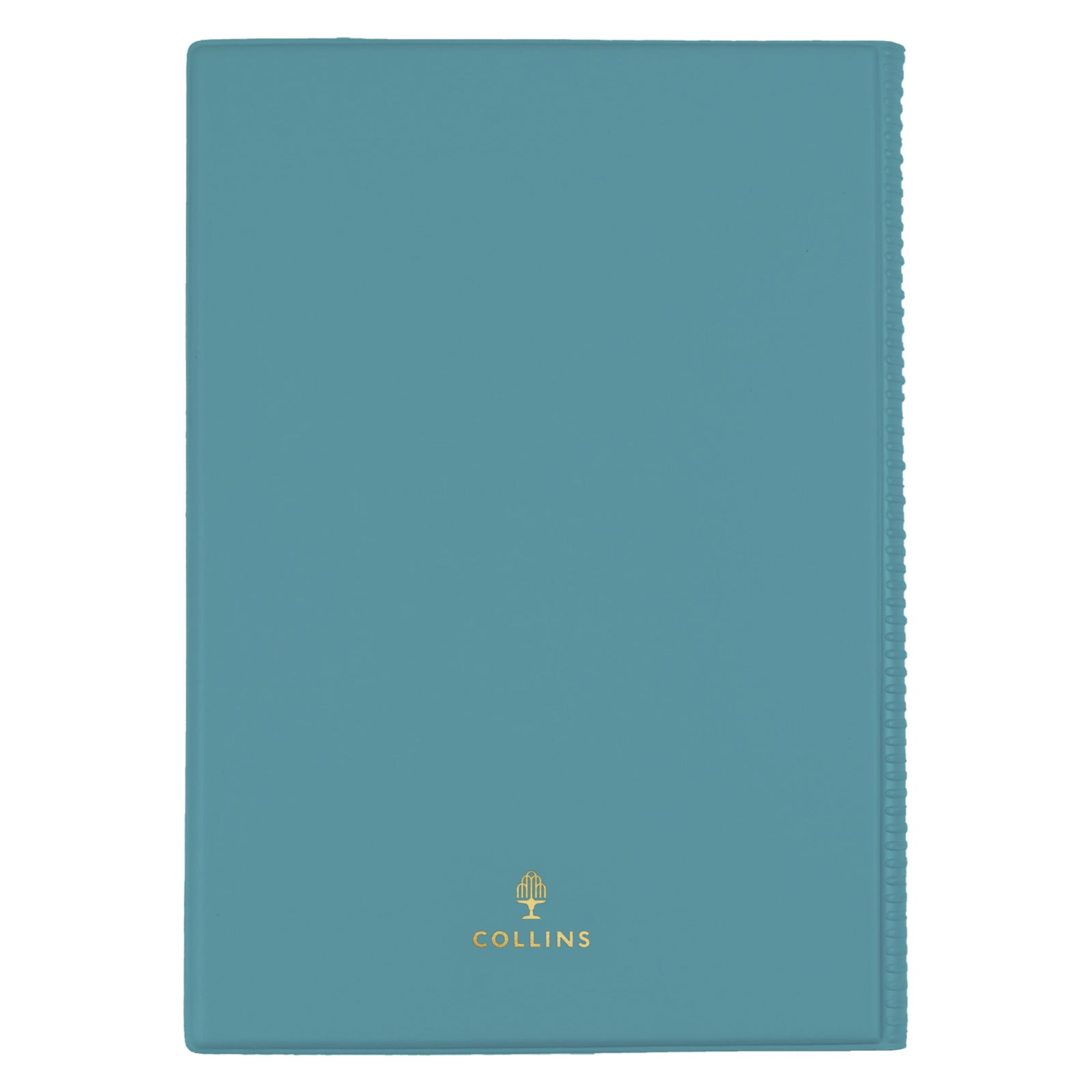 Rear view of the Collins Belmont Colours 2027 A5 Week to View Teal Diary isolated on a white background, showing the clean teal finish with Collins branding and flexible cover construction.