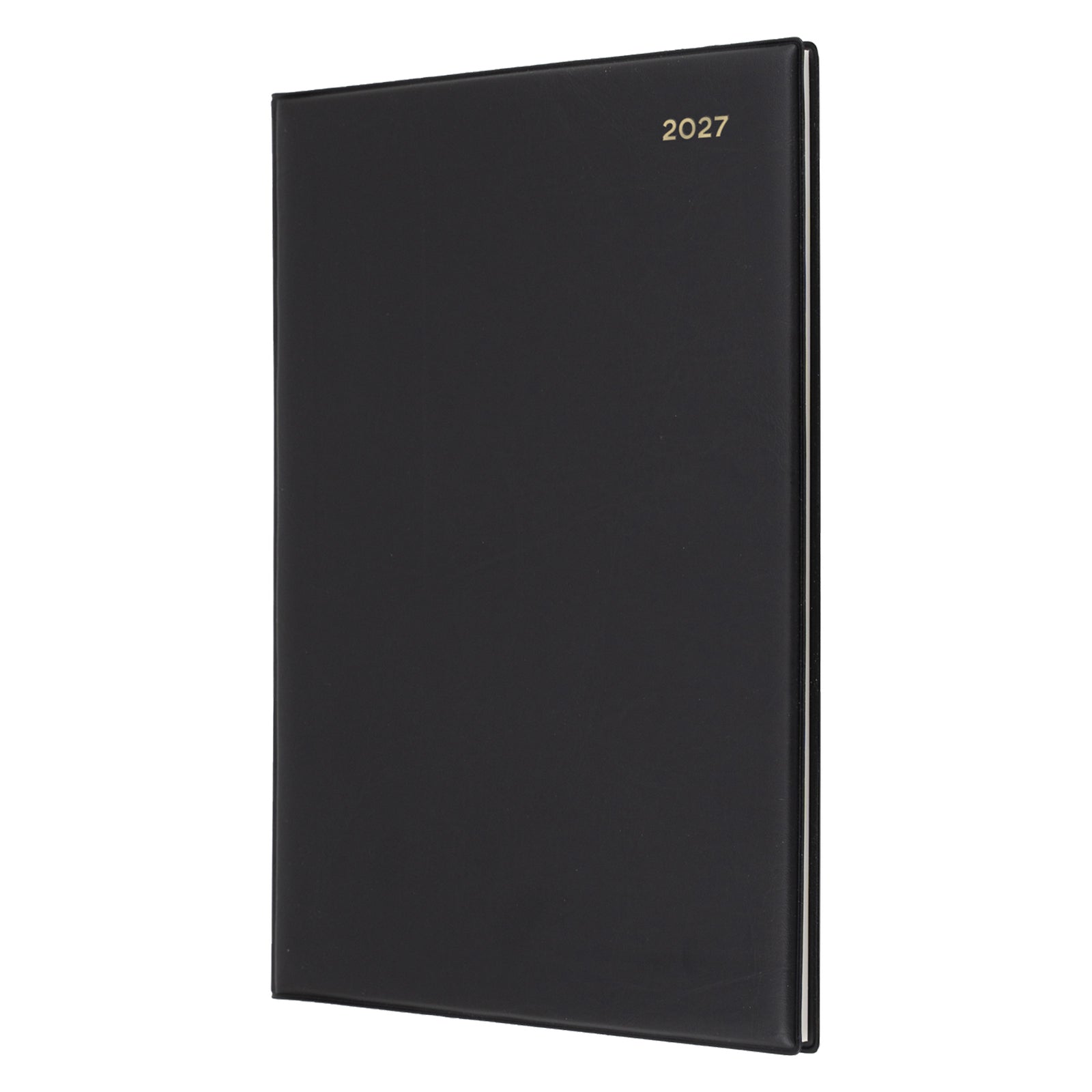 Angled front view of the Collins Belmont 2027 A4 diary against a white background, showcasing the smooth black PVC cover and elegant gold year marking. The image highlights the professional finish and slim profile for executive office use.