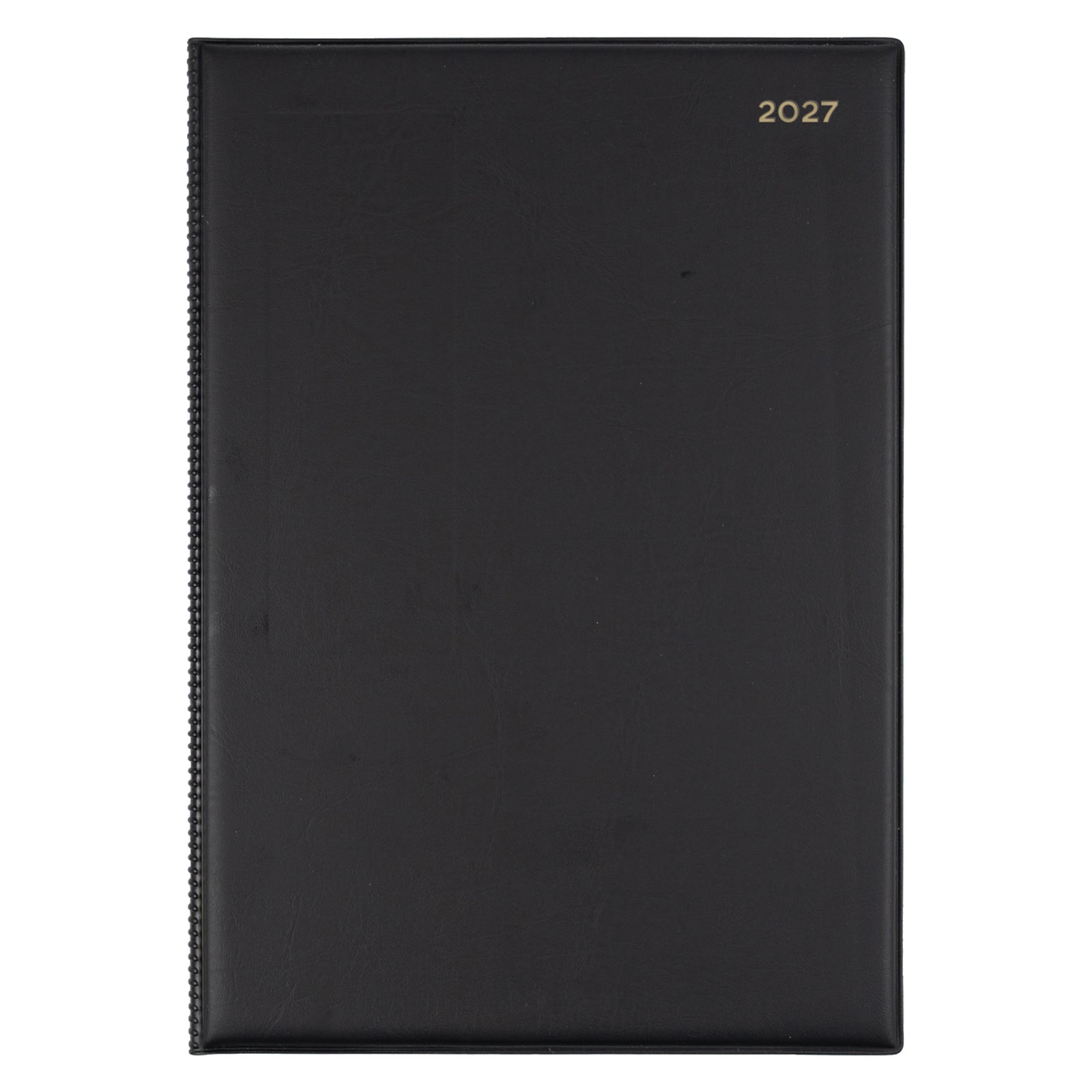 Front view of the Collins Belmont 2027 A4 diary isolated on a white background. The classic black PVC cover with gold embossed 2027 marking presents a professional appearance suitable for office executives, managers, students and business professionals.