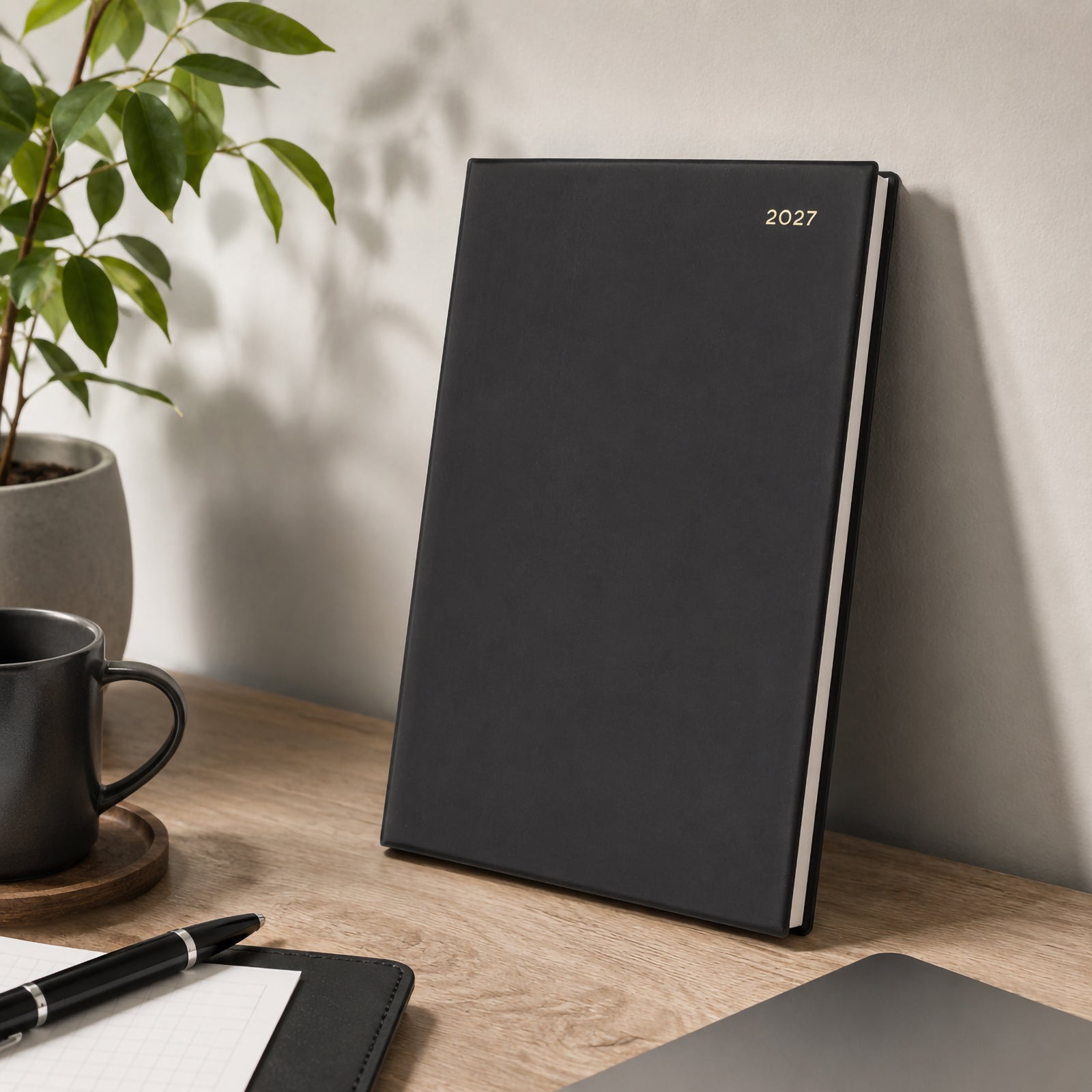 The Collins Belmont 2027 A4 diary stands upright against a light office wall on a timber desk. A coffee mug, notebook, pen and indoor plant complete the minimalist workspace, highlighting the premium black cover and durable construction in a professional office environment.