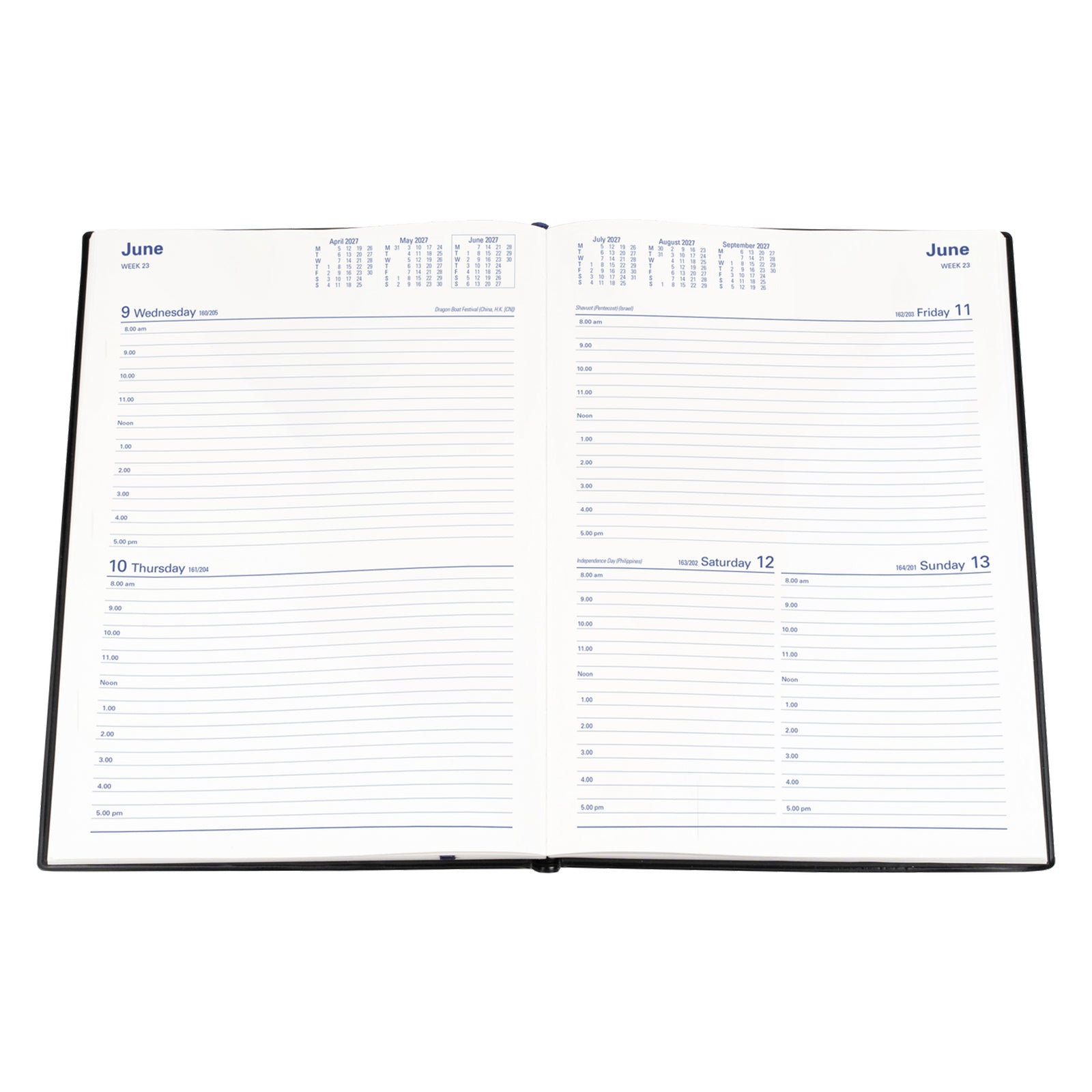 The Collins Belmont 2027 diary is shown fully open against a white background, clearly displaying the spacious two days to a page format with hourly appointment sections, monthly reference calendars and generous writing space for business scheduling and daily planning.