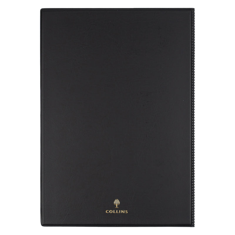 Rear view of the Collins Belmont 2027 A4 diary displayed on a white background, featuring the premium black padded cover with Collins branding. The clean product image demonstrates the diary's durable construction and refined finish.