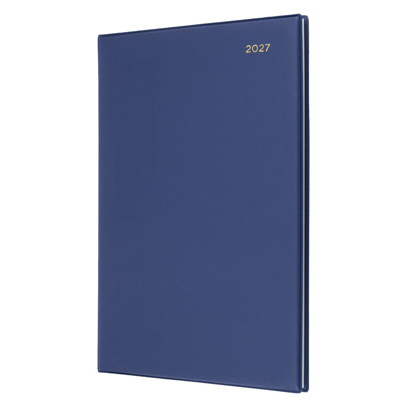 Angled front view of the Collins Belmont 2027 A4 diary isolated on a white background. The elegant navy PVC cover and gold embossed year marking highlight the diary's premium finish and durable executive design.