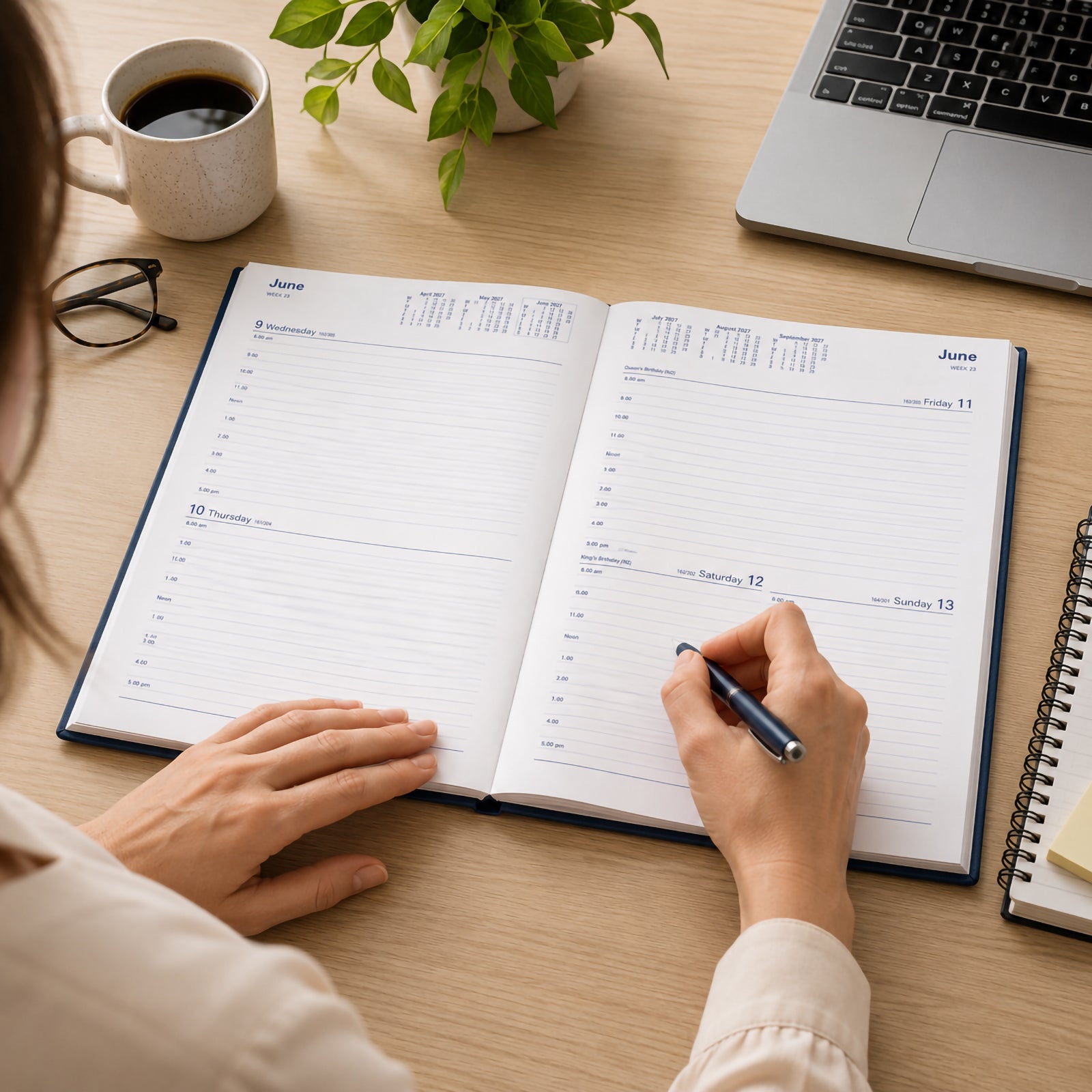 A user writes in the Collins Belmont 2027 A4 navy diary on a modern office desk, showcasing the spacious two days to a page layout with hourly appointment sections. A laptop, coffee cup, glasses and indoor plant create a productive workspace that highlights the diary's professional everyday use.