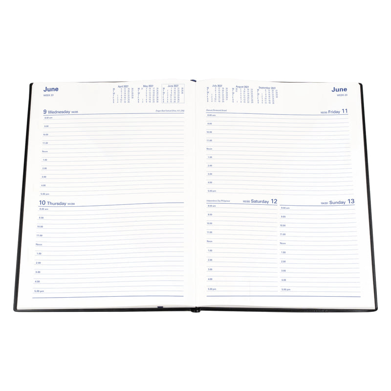The Collins Belmont 2027 diary is displayed fully open against a white background, clearly showing the spacious two days to a page layout with hourly scheduling columns, monthly reference calendars and generous writing space for appointments and planning.