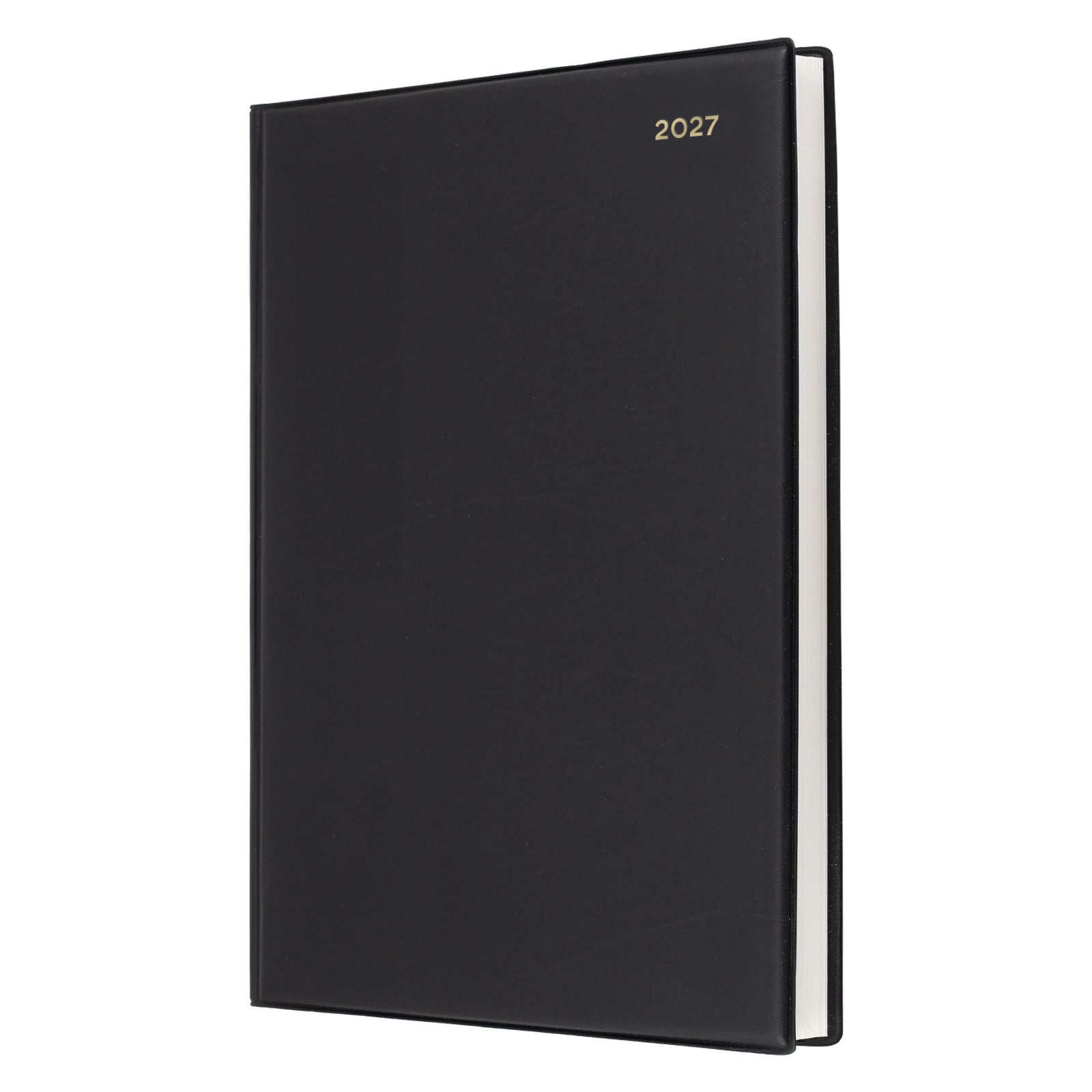 Angled front view of the Collins Belmont 2027 A4 diary isolated on a white background, highlighting the durable black PVC cover and elegant gold embossed year marking for a refined professional appearance.