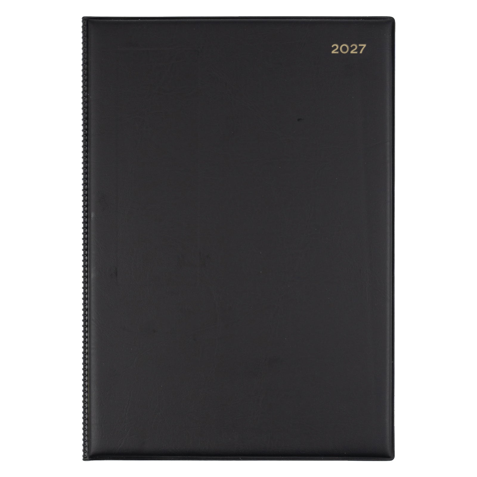 Front view of the Collins Belmont 2027 A4 diary isolated on a white background. The classic black cover with gold 2027 embossing presents a timeless executive design suitable for business professionals, managers and office environments.