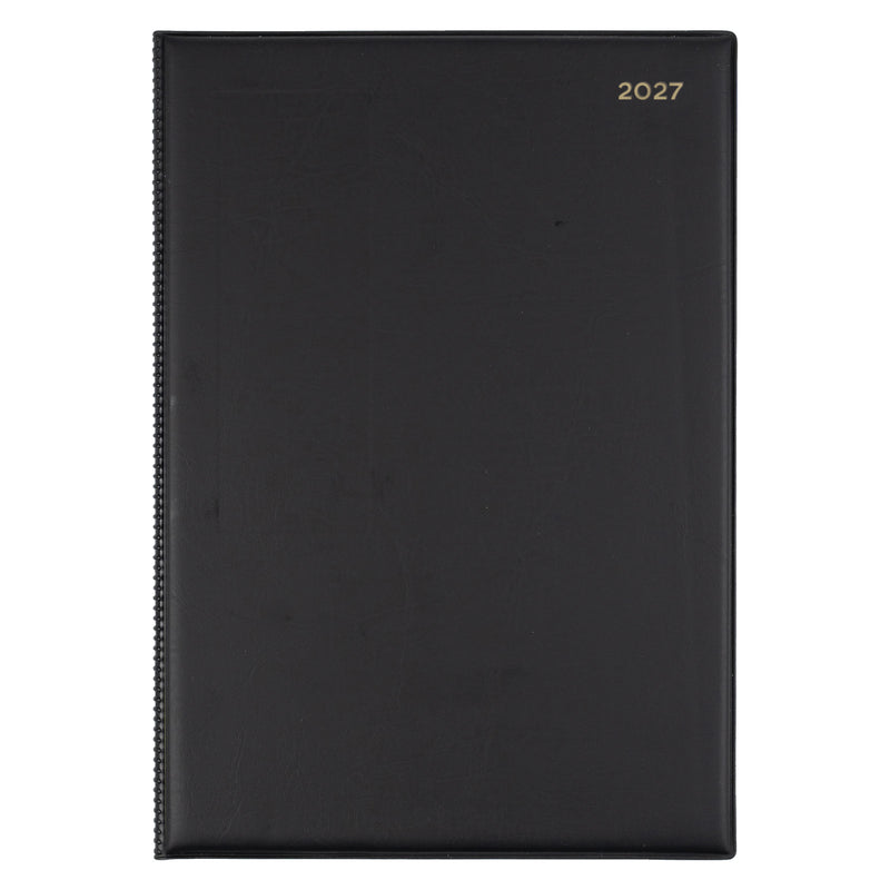 Front view of the Collins Belmont 2027 A4 diary isolated on a white background. The classic black cover with gold 2027 embossing presents a timeless executive design suitable for business professionals, managers and office environments.